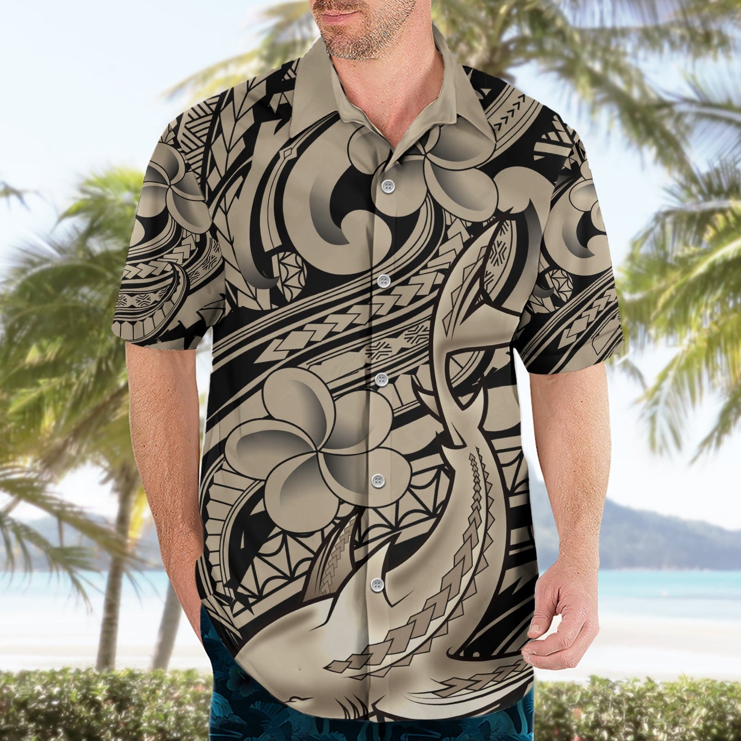Polynesisches Hai-Tribal-Tattoo-Hawaii-Hemd Beige Style LT9