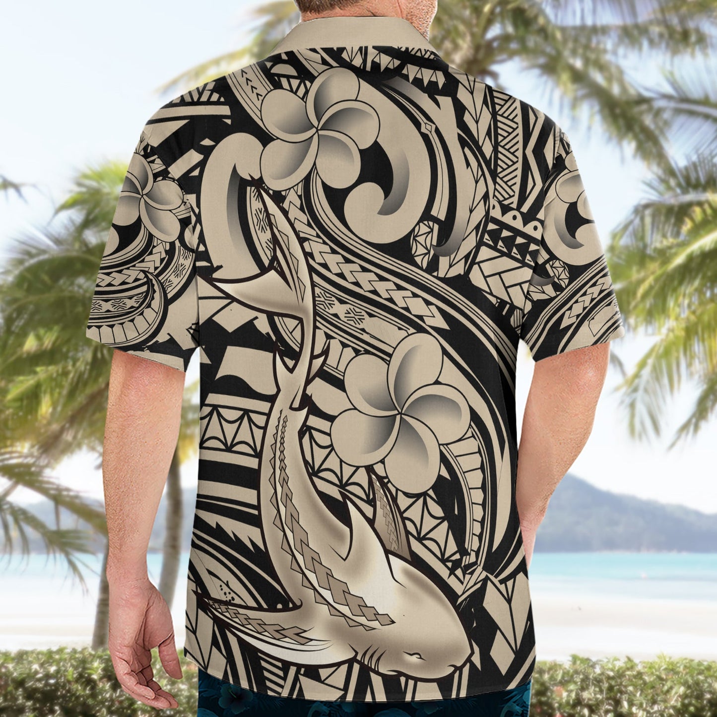 Polynesisches Hai-Tribal-Tattoo-Hawaii-Hemd Beige Style LT9