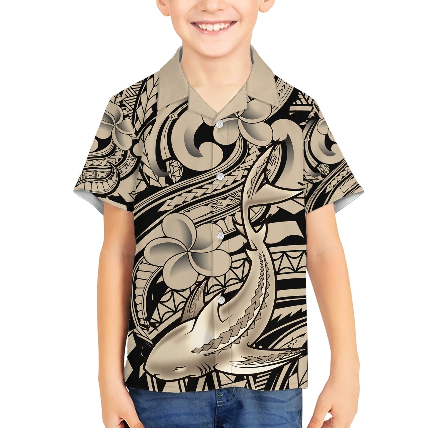 Polynesisches Hai-Tribal-Tattoo-Hawaii-Hemd Beige Style LT9