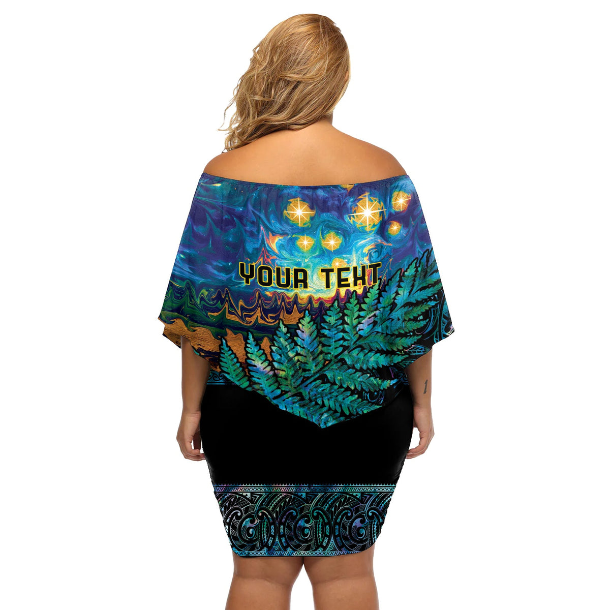 Matariki Te Tau Hou Maori Off Shoulder Kurzes Kleider blumen Neuseeland Silber Farn Nacht Sternenhimmel LT9