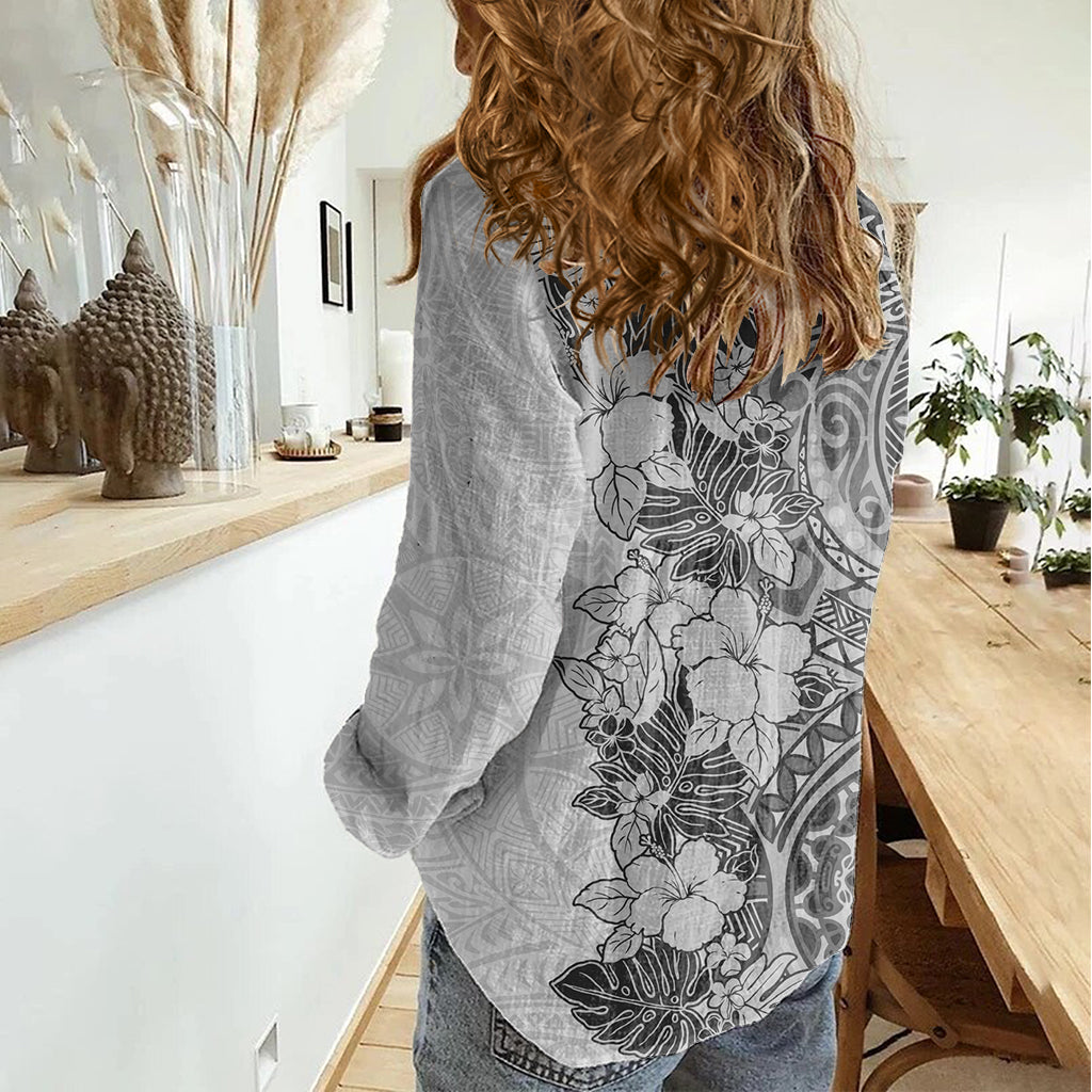 Polynesia Damen Casual Shirt Hibiskus und Hawaiian Tribal Tattoo Retro Stil Grau Farbe LT9