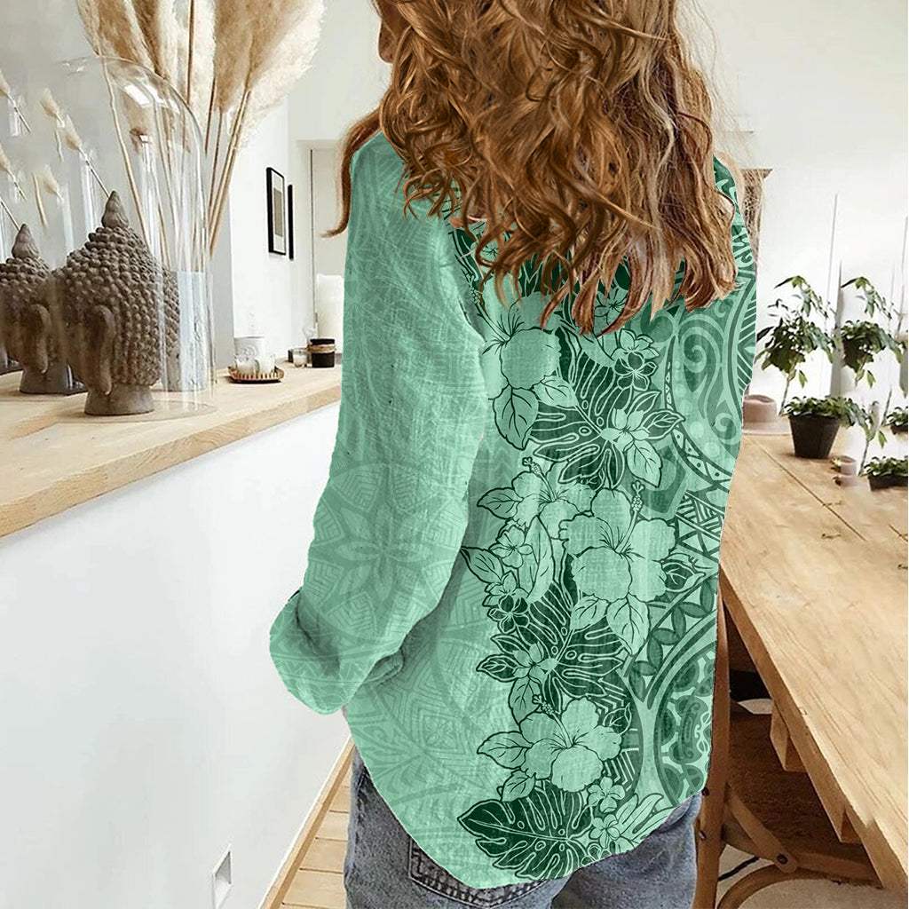 Polynesia Damen Casual Shirt Hibiskus und Hawaiian Tribal Tattoo Retro Style Grün Farbe LT9