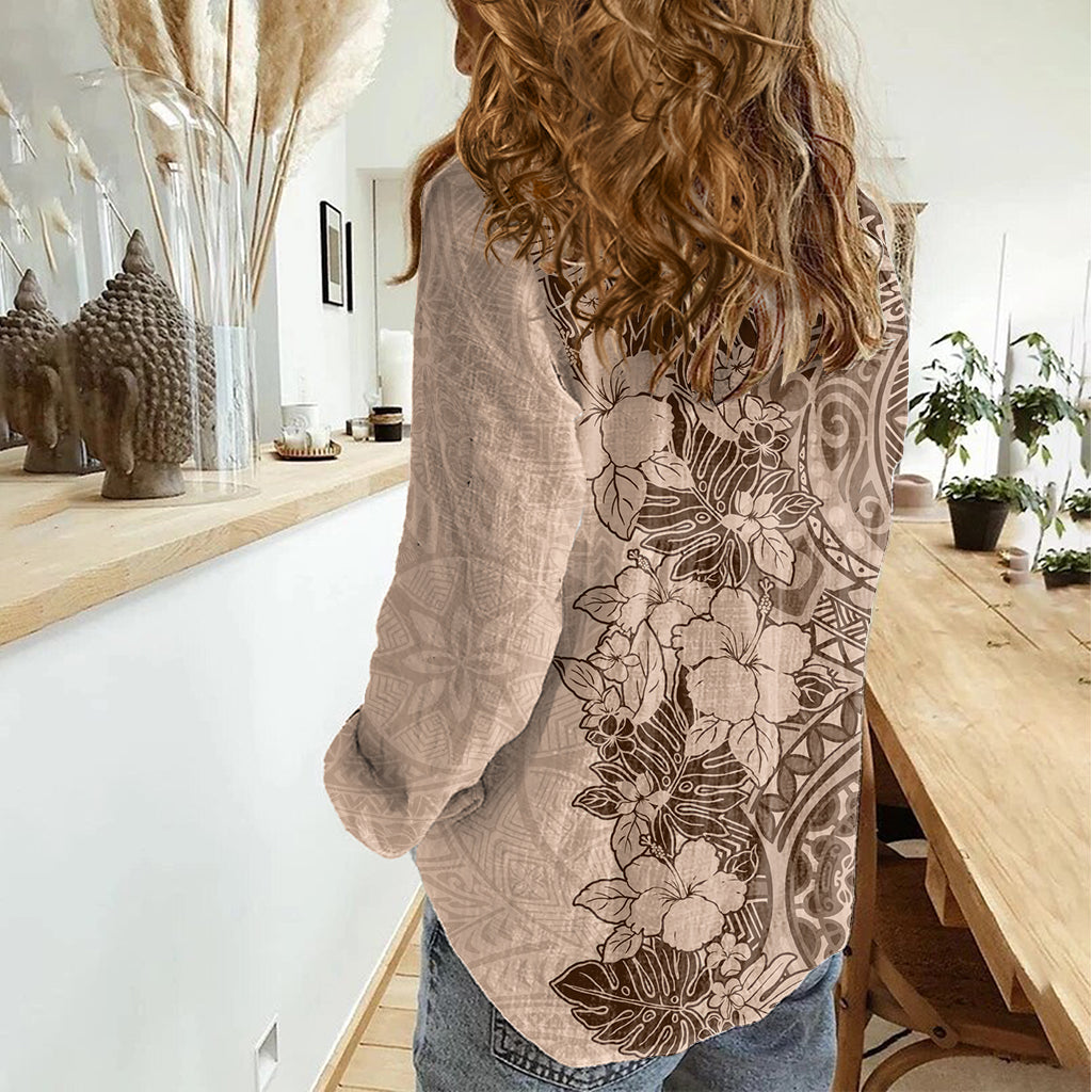 Polynesia Damen Casual Shirt Hibiskus und Hawaii Tribal Tattoo Retro Style Rosa Pastell LT9