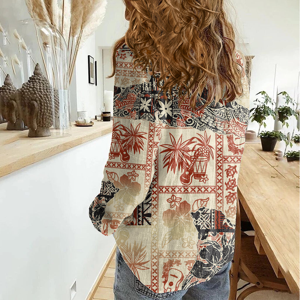 Hawaii Damen Freizeithemd Aloha Tribal Muster Beige Version LT9