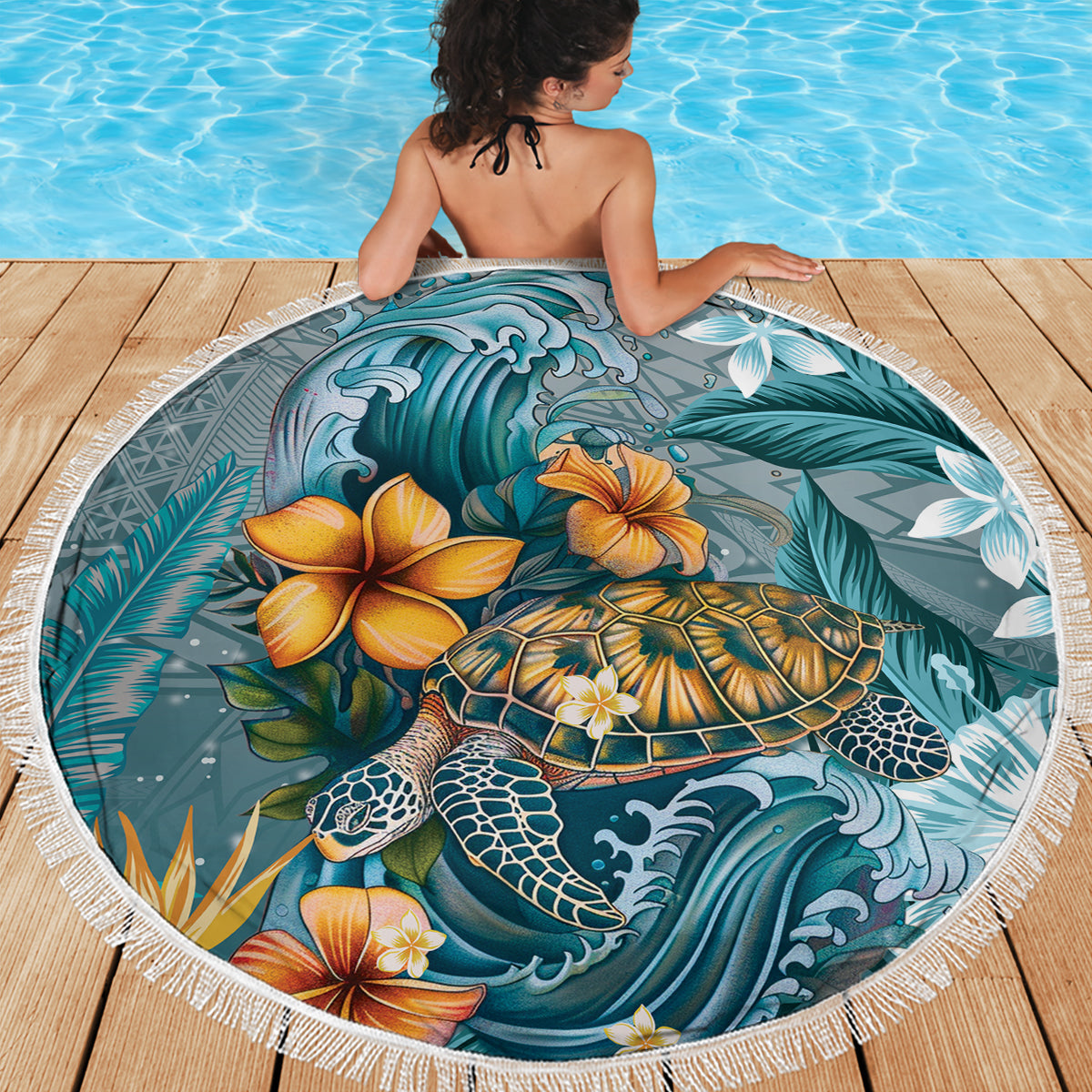 Polynesische Frauentag-Stranddecke Plumeria Passion - Schwarz LT7