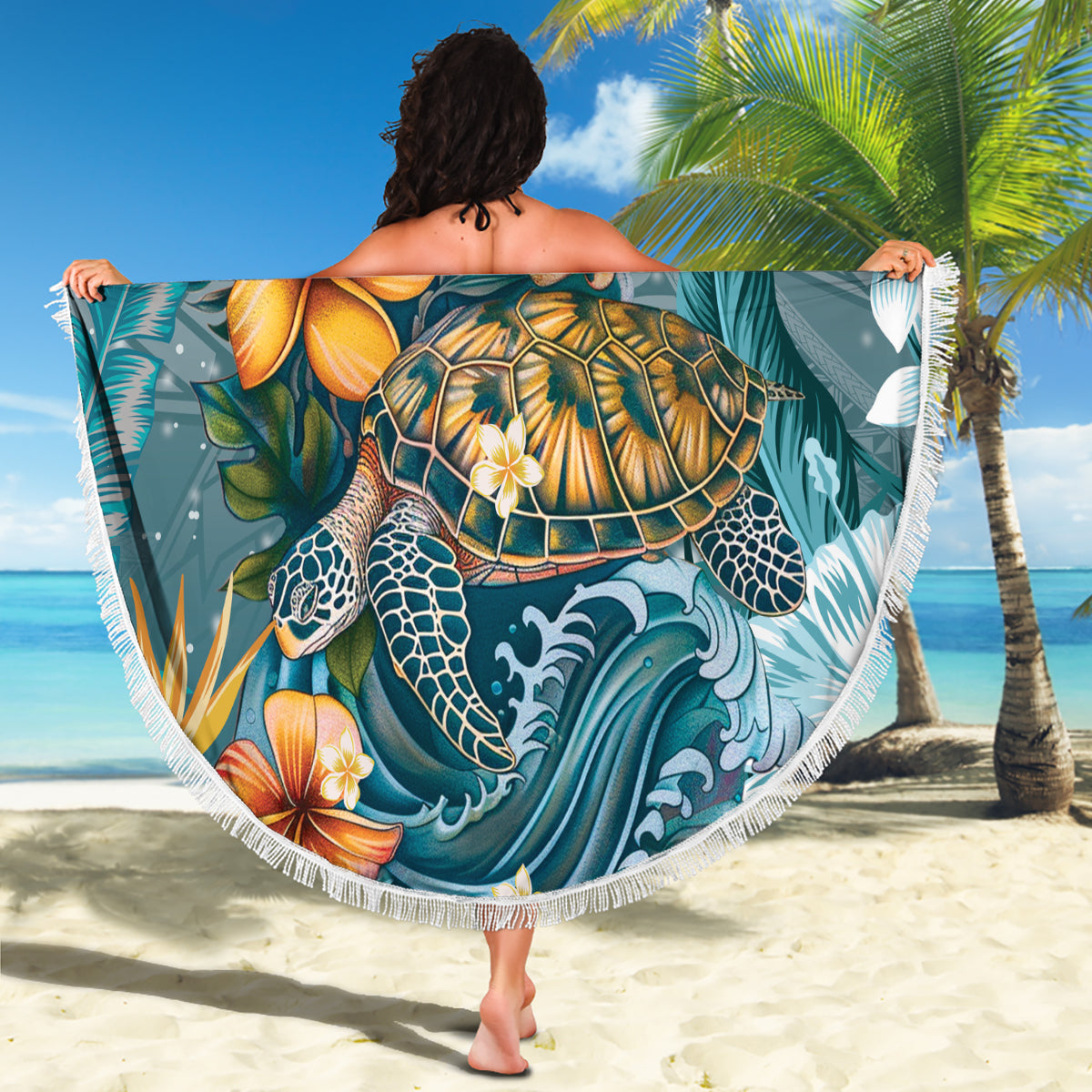 Polynesische Frauentag-Stranddecke Plumeria Passion - Schwarz LT7