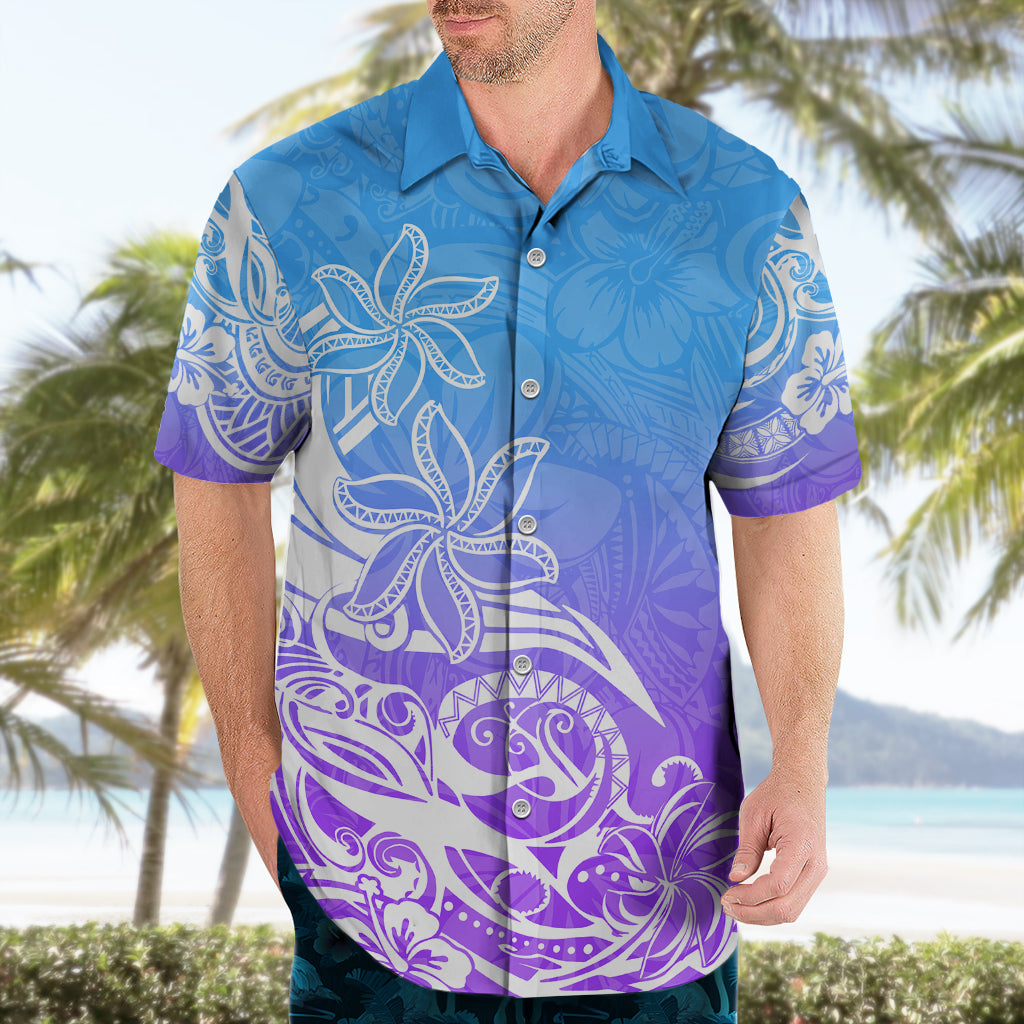 Polynesisches Sonnenuntergang Plumeria Hawaiihemd Pacific Island Tribal Blue Style LT9