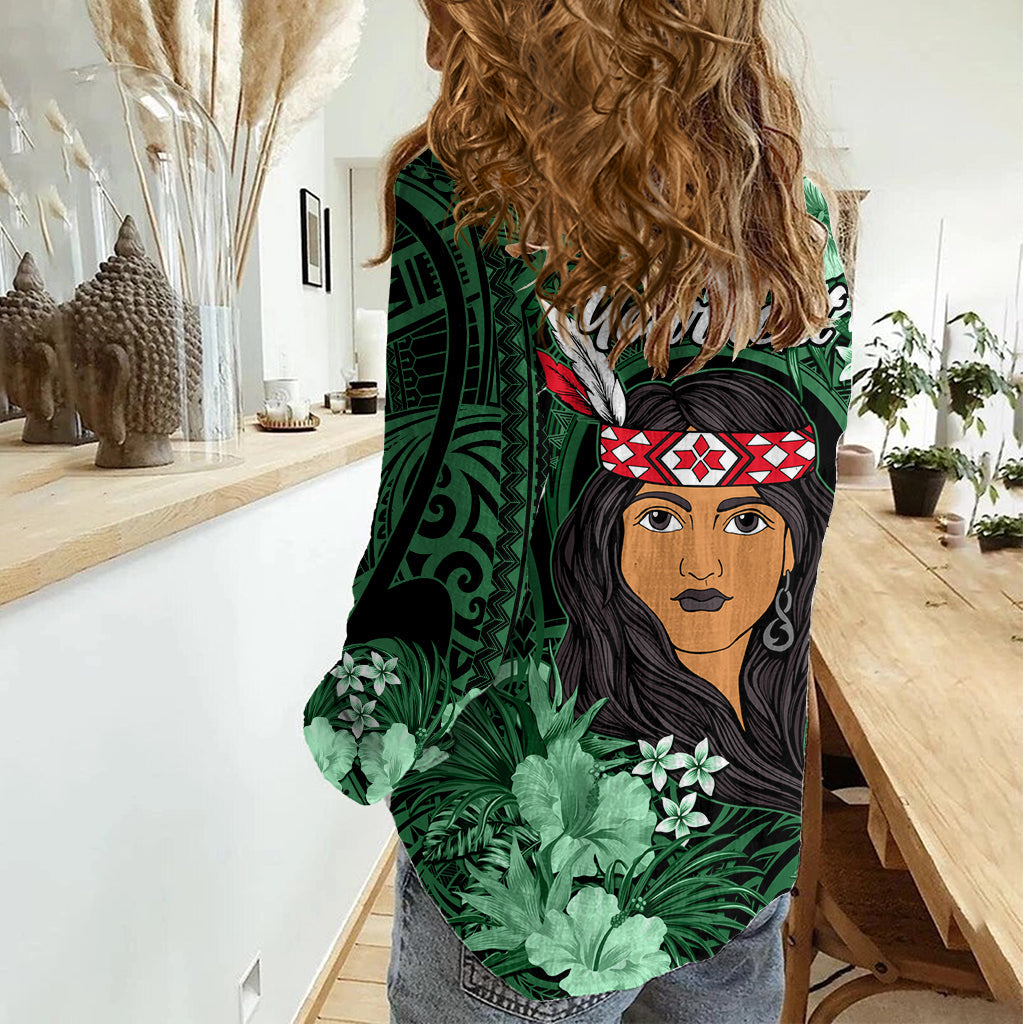 Neuseeland Custom Women's Day Frauen Casual Shirt Maori Mädchen Federn der Hoffnung - Grün LT9
