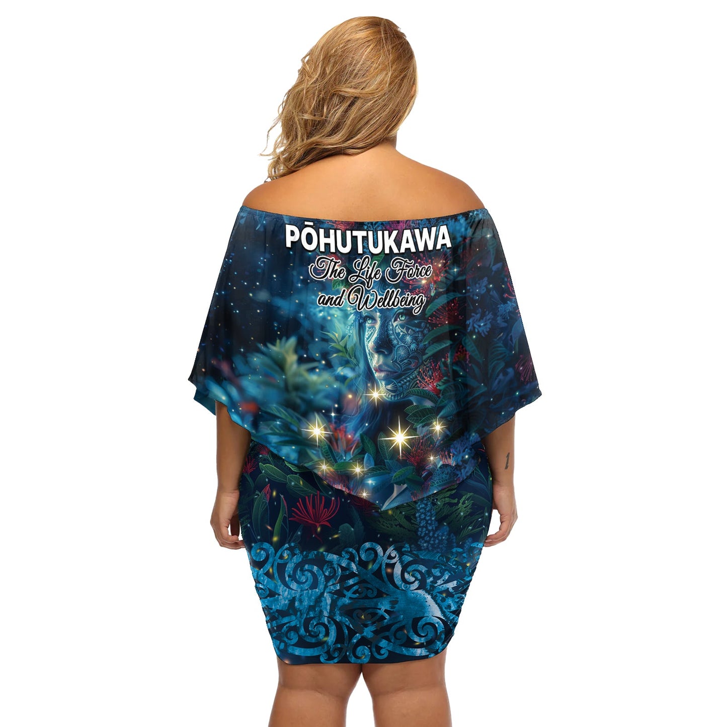 Neuseeland Matariki Pohutukawa Off Shoulder Kurzes Kleider blumen Te Mauri te Ora LT9