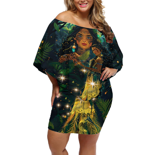 New Zealand Matariki Off Shoulder Short Dress Rongo� M�ori Wellbeing and Good Luck