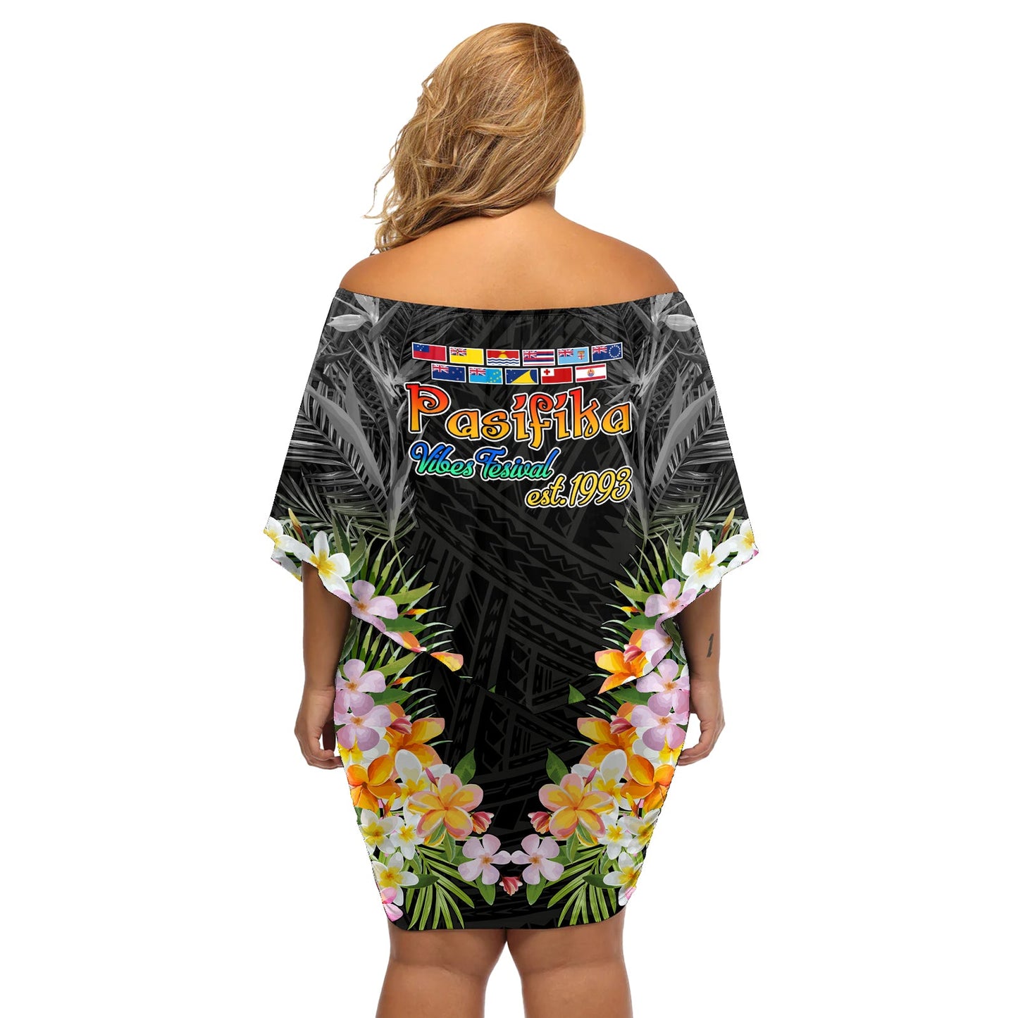 Pasifika Vibes Festival 2024 Auckland Schulterfreies kurzes Kleid blumen LT9