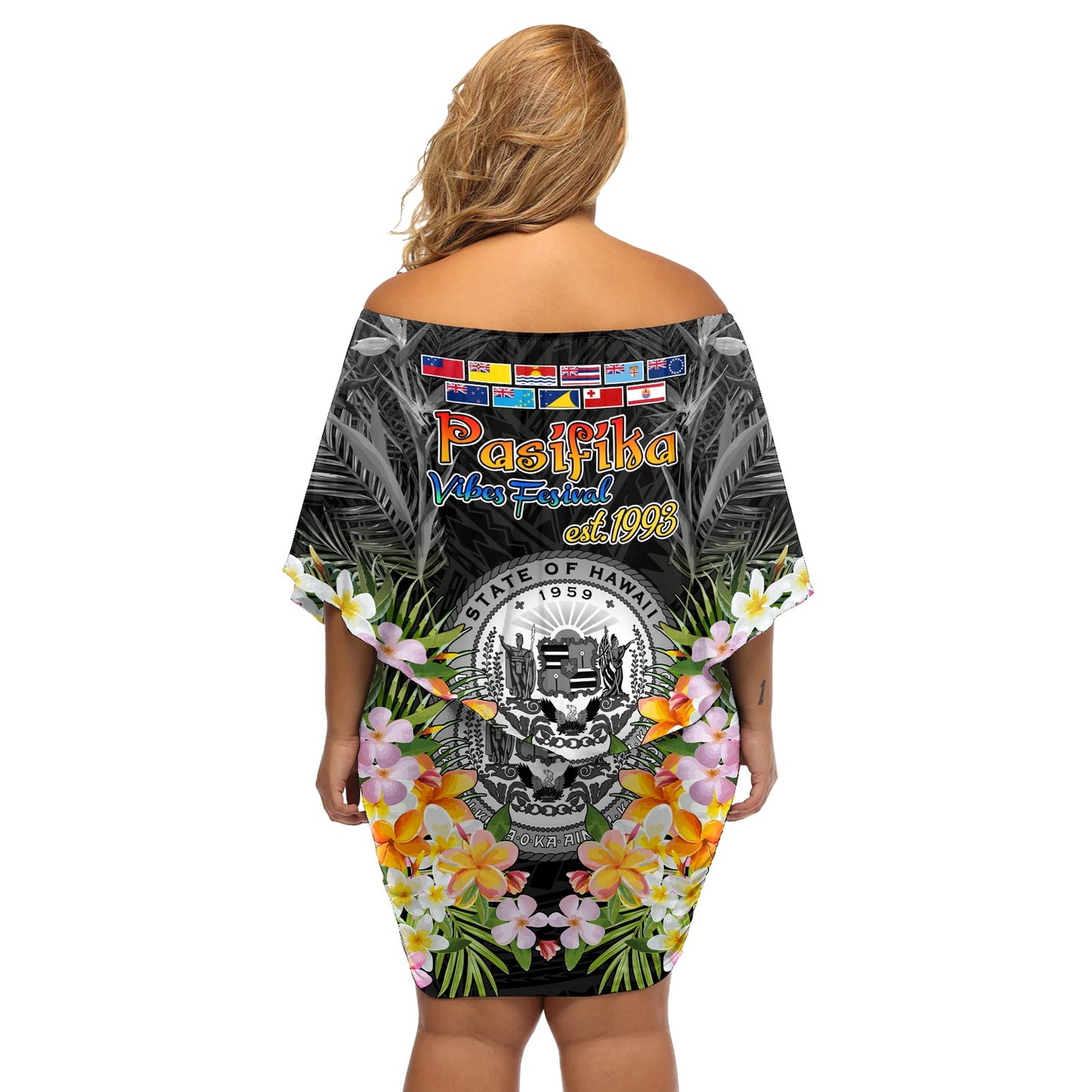 Pasifika Vibes Festival 2024 Schulterfreies kurzes Kleid blumen Kanaka Maoli mit Hawaii-Inseln LT9