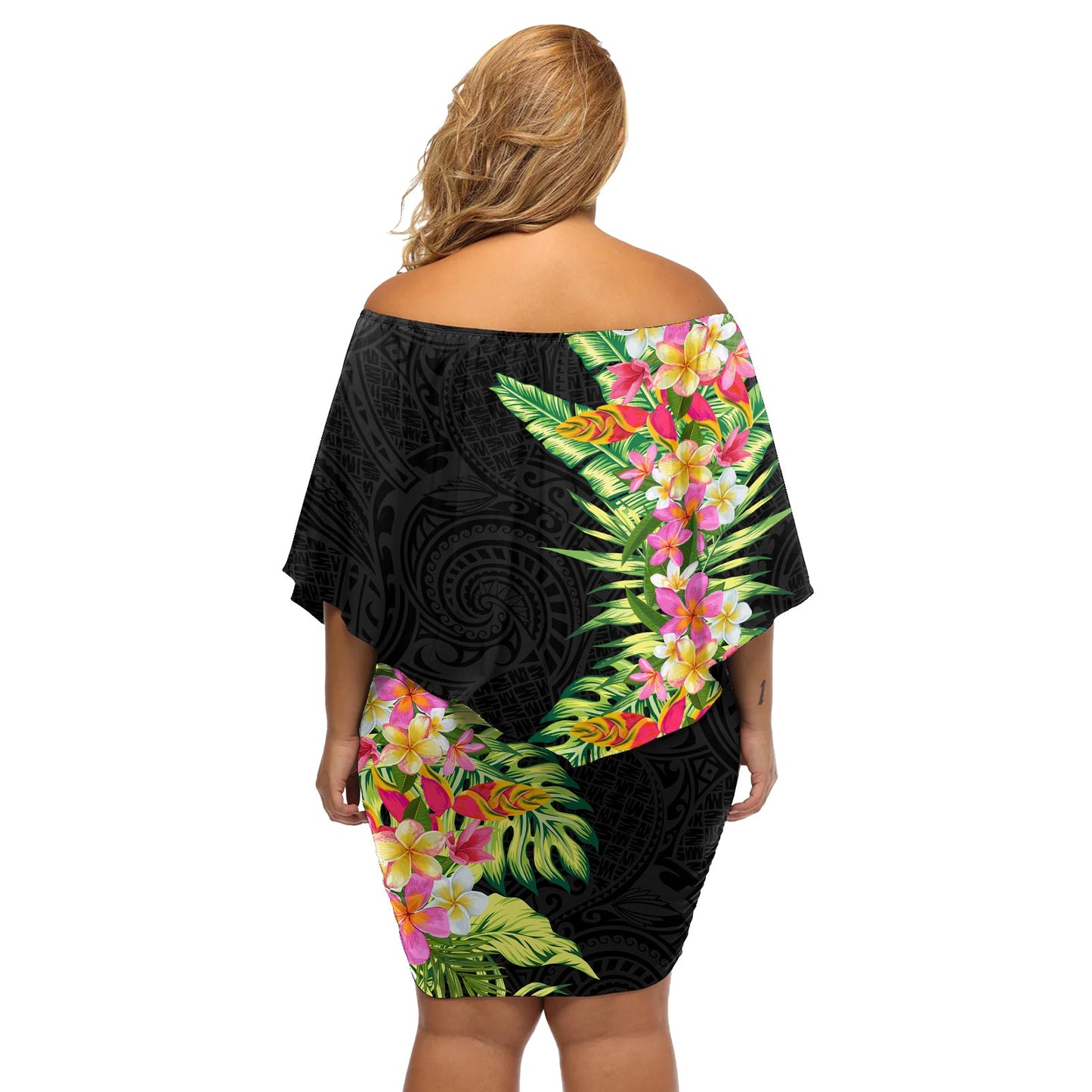 Hawaii Tropische Blumen Tribal Muster Off Shoulder Kurzes Kleid blumen No1 LT9