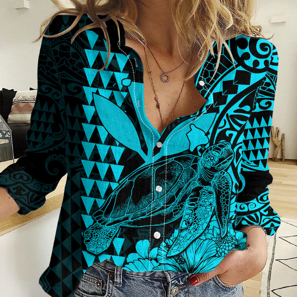 Kakau Polynesian Tribal Hawaiian Schildkröte mit Kanaka Maoli Teal Damen Freizeithemd LT9
