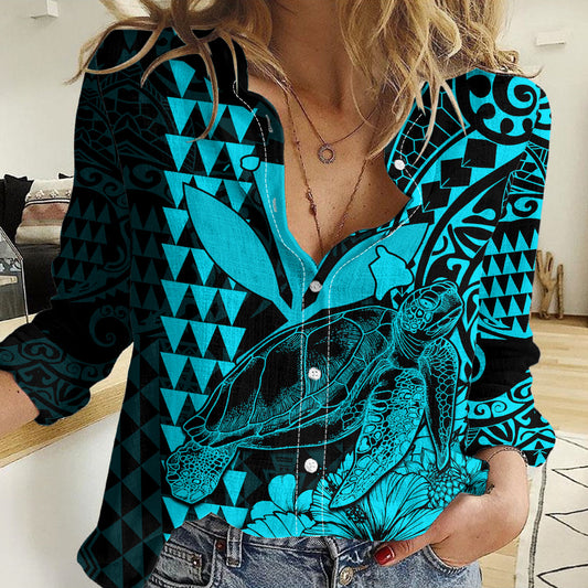 Kakau Polynesian Tribal Hawaiian Schildkröte mit Kanaka Maoli Teal Damen Freizeithemd LT9