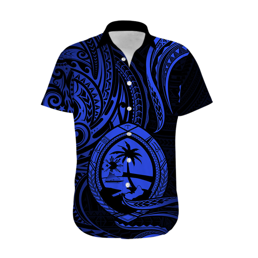 Polynesian Pride Guam Hawaiihemd mit polynesischem Tribal Tattoo und Wappen Blaue Version LT9