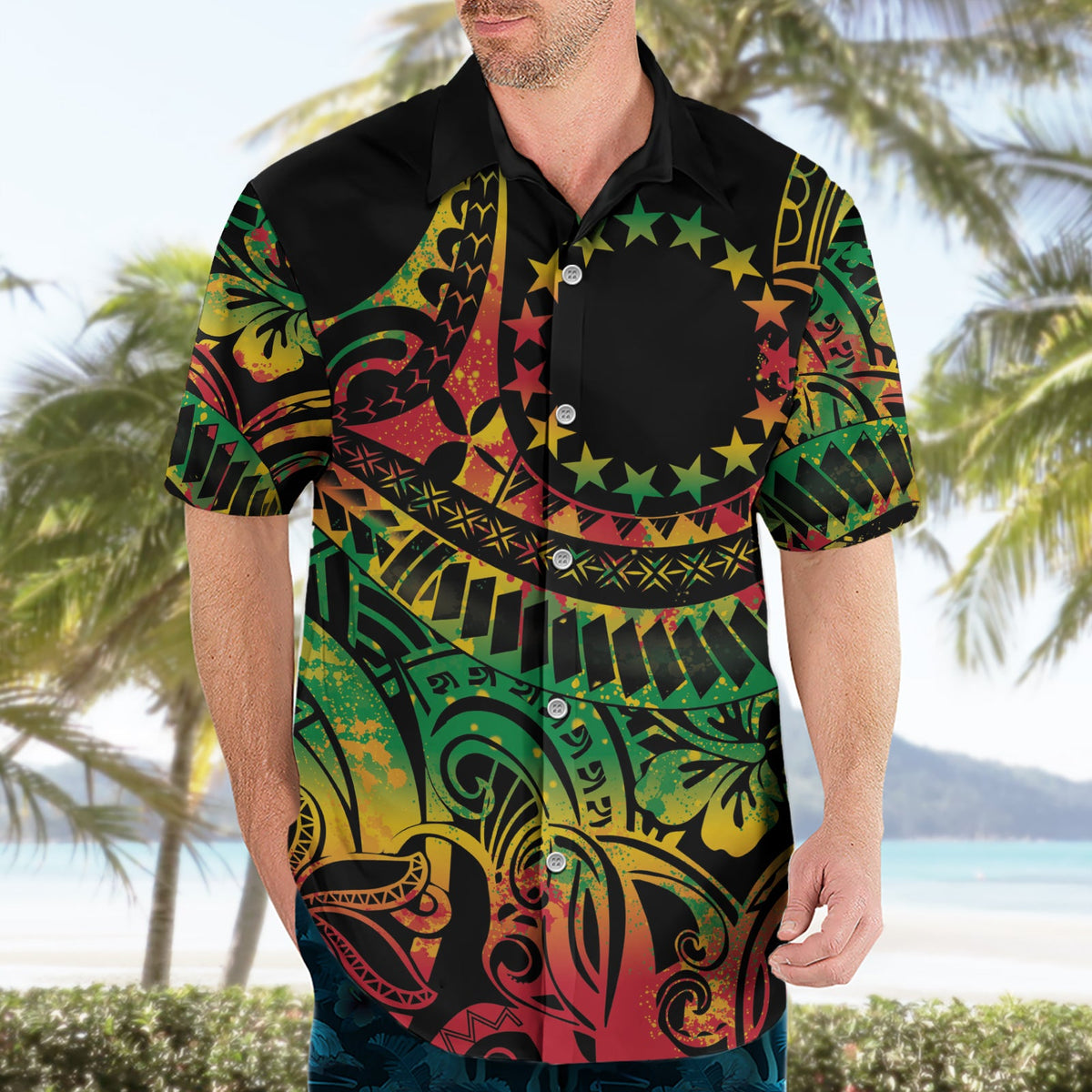 Cook Islands 15 Sterne Hawaiihemd Kuki Airani Polynesisches Tribal Wave Tattoo LT9