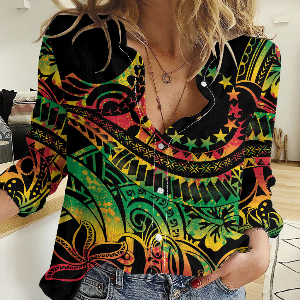 Cook Islands 15 Stars Women Casual Shirt Kuki Airani Polynesian Tribal Wave Tattoo