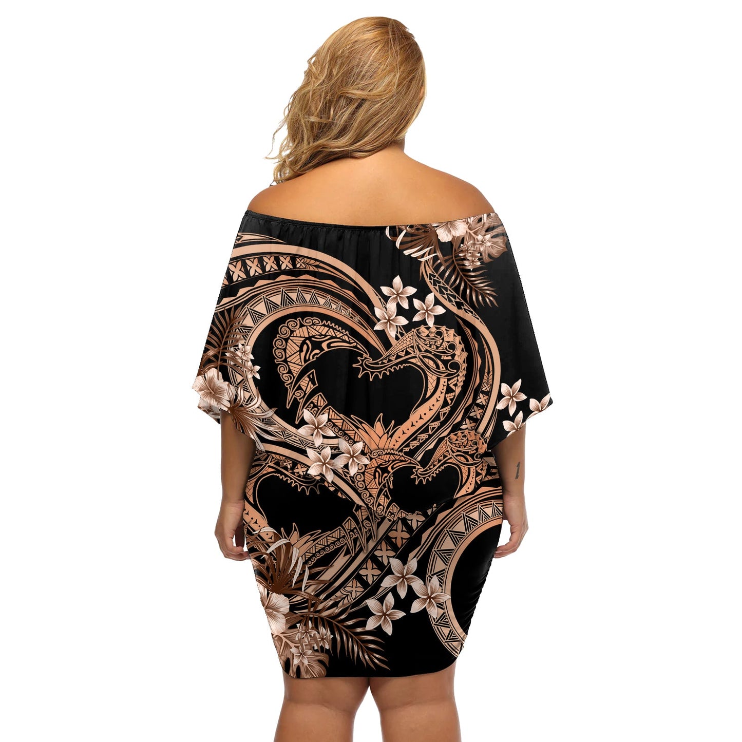 Polynesien Valentinstag Für immer in meinem Herzen Tattoo Off Shoulder Kurzes Kleid blumen Gold Style LT9