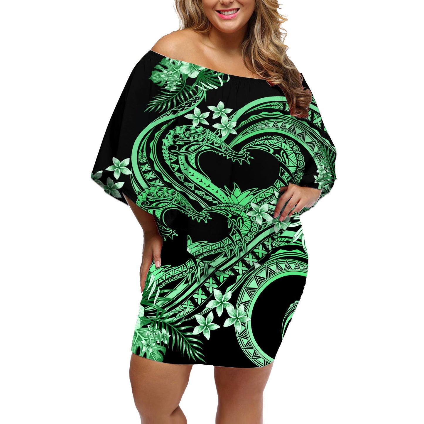 Polynesia Valentines Day Forever In My Heart Tattoo Off Shoulder Short Dress Green Style LT9 Women Green - Polynesian Pride