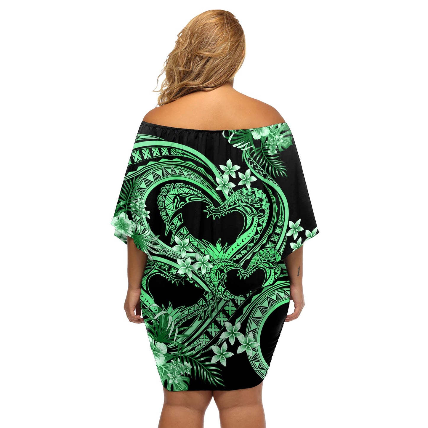 Polynesien Valentinstag Für immer in meinem Herzen Tattoo Off Shoulder Kurzes Kleid blumen Grün Stil LT9