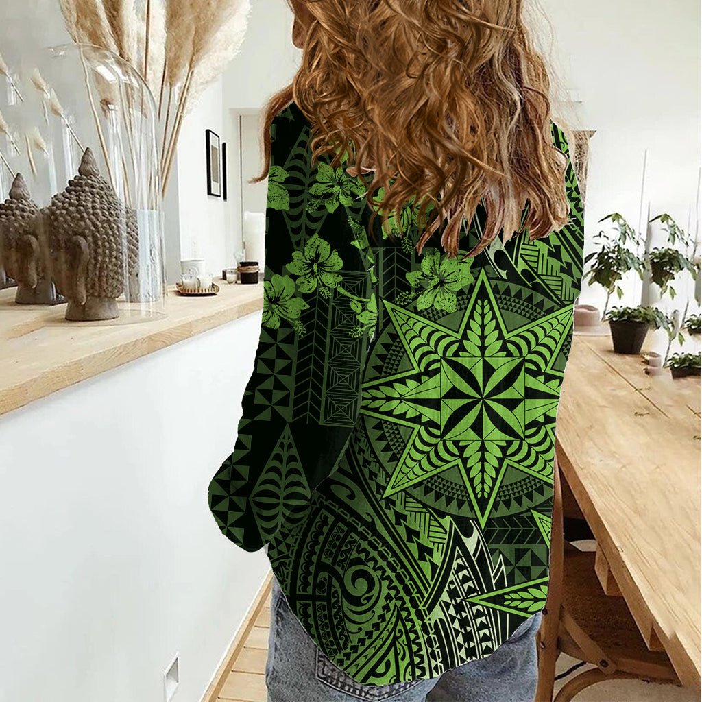 Vintage Tonga Tribal Ngatu Muster Damen Casual Shirt mit Pacific Floral Lime Green Art LT9