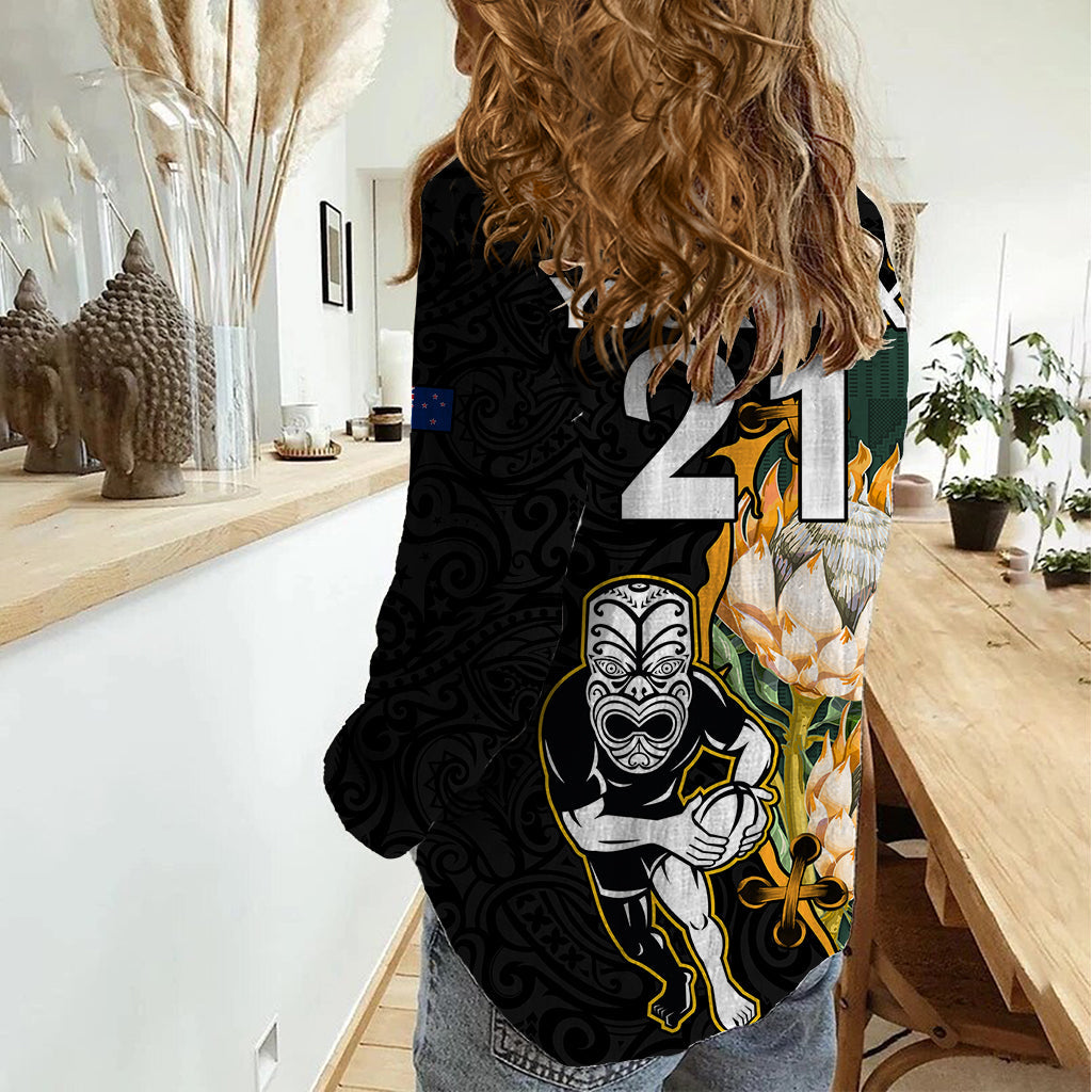 Benutzerdefinierte Südafrika Protea und Neuseeland Frauen Casual Shirt gehen alle schwarz-Springboks Rugby mit Kente und Maori LT9