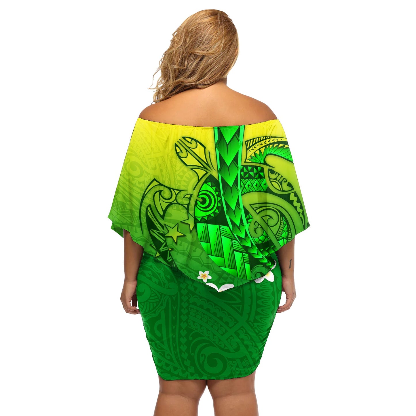 Kia Orana Cook Islands Schulterfreies kurzes Kleid blumen Kuki Airani Tattoo-Muster mit Meeresschildkröte LT14