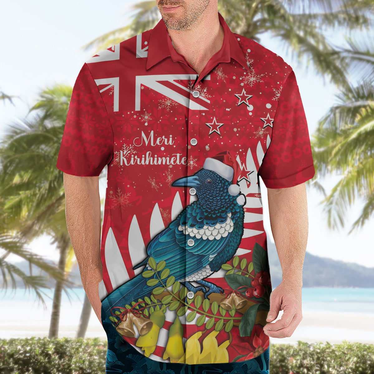 Neuseeland Weihnachten im Juli Hawaiihemd Tui Vogel mit Kowhai Meri Kirihimete LT14