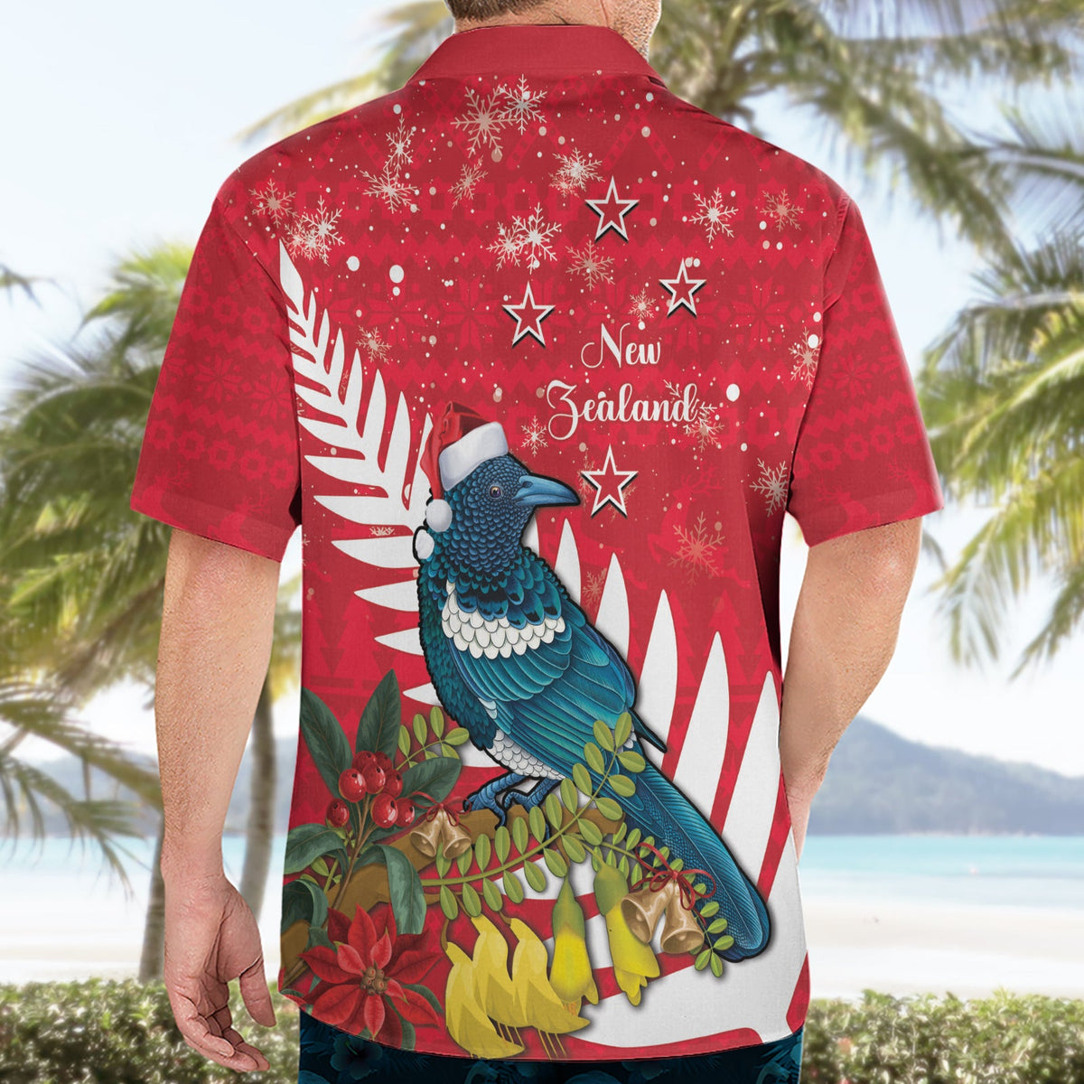 Neuseeland Weihnachten im Juli Hawaiihemd Tui Vogel mit Kowhai Meri Kirihimete LT14