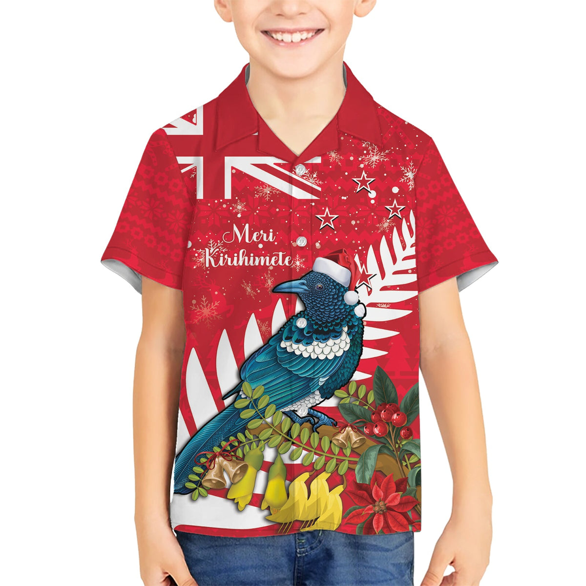 Neuseeland Weihnachten im Juli Hawaiihemd Tui Vogel mit Kowhai Meri Kirihimete LT14