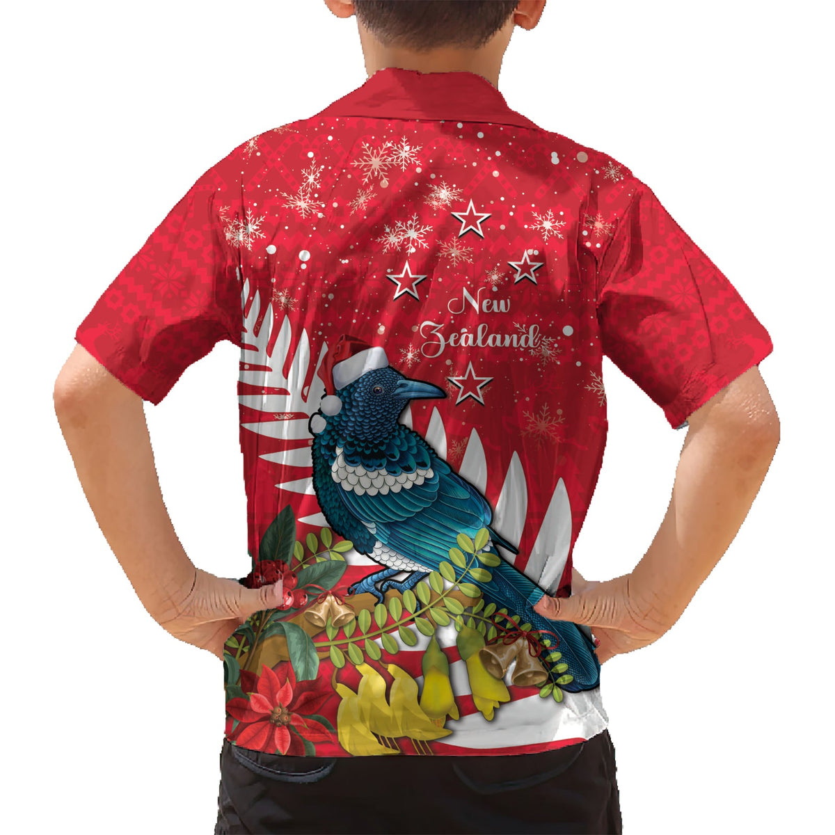 Neuseeland Weihnachten im Juli Hawaiihemd Tui Vogel mit Kowhai Meri Kirihimete LT14