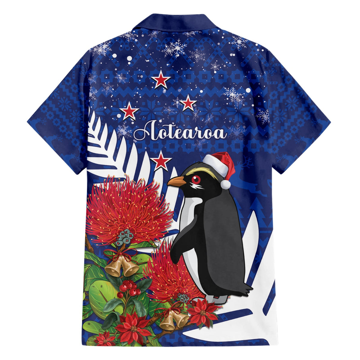 Neuseeland Weihnachten im Juli Hawaiihemd Fiordland-Pinguin mit Pohutukawa-Blume LT14