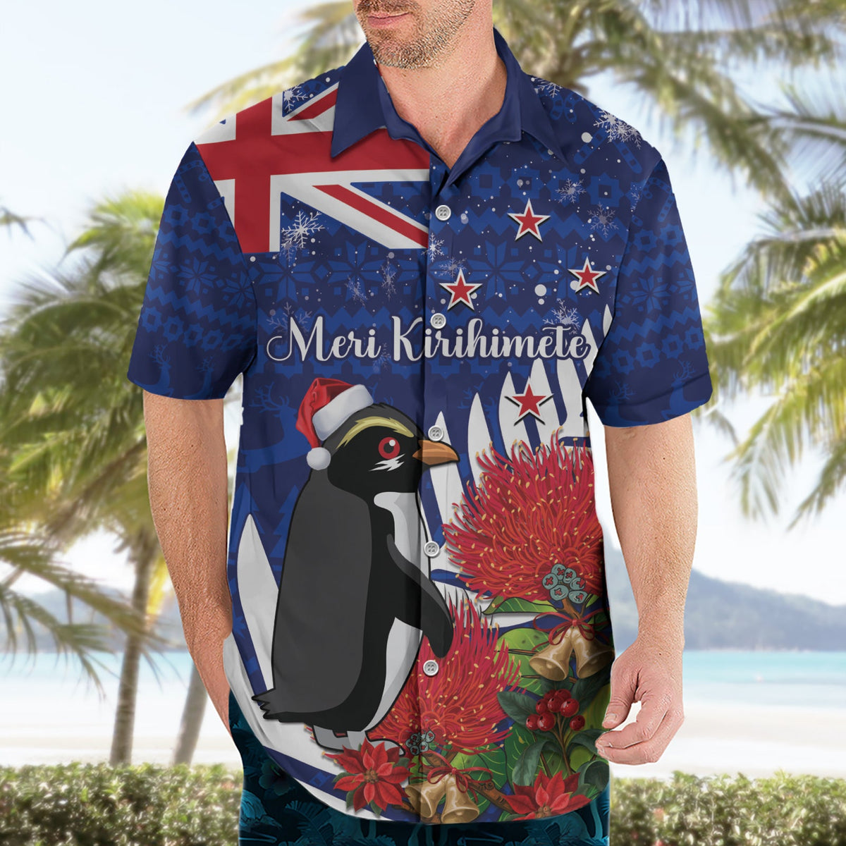 Neuseeland Weihnachten im Juli Hawaiihemd Fiordland-Pinguin mit Pohutukawa-Blume LT14