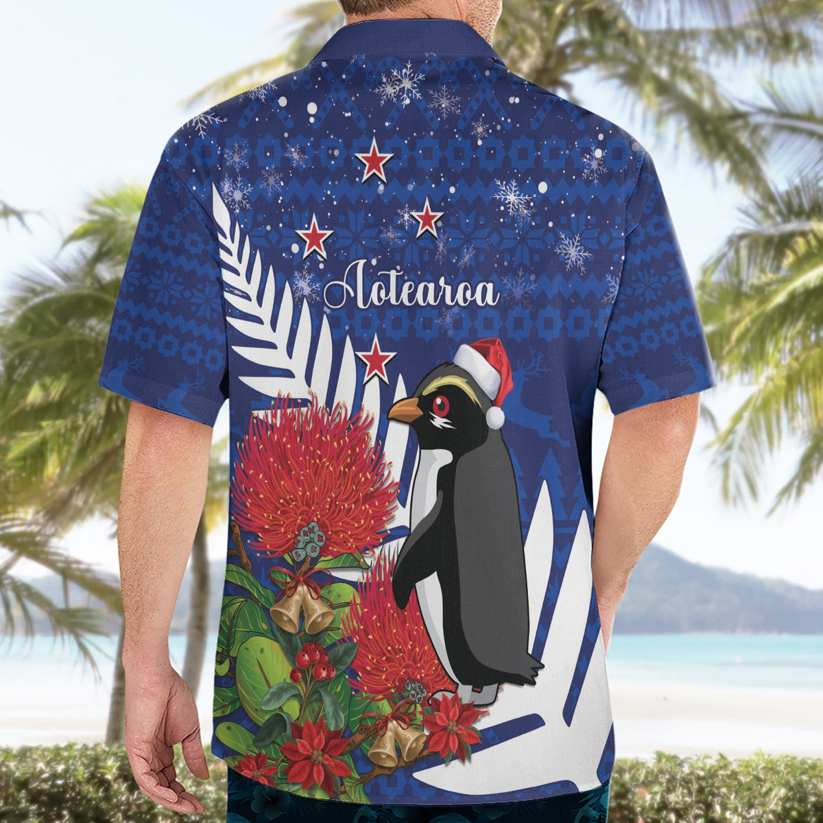 Neuseeland Weihnachten im Juli Hawaiihemd Fiordland-Pinguin mit Pohutukawa-Blume LT14