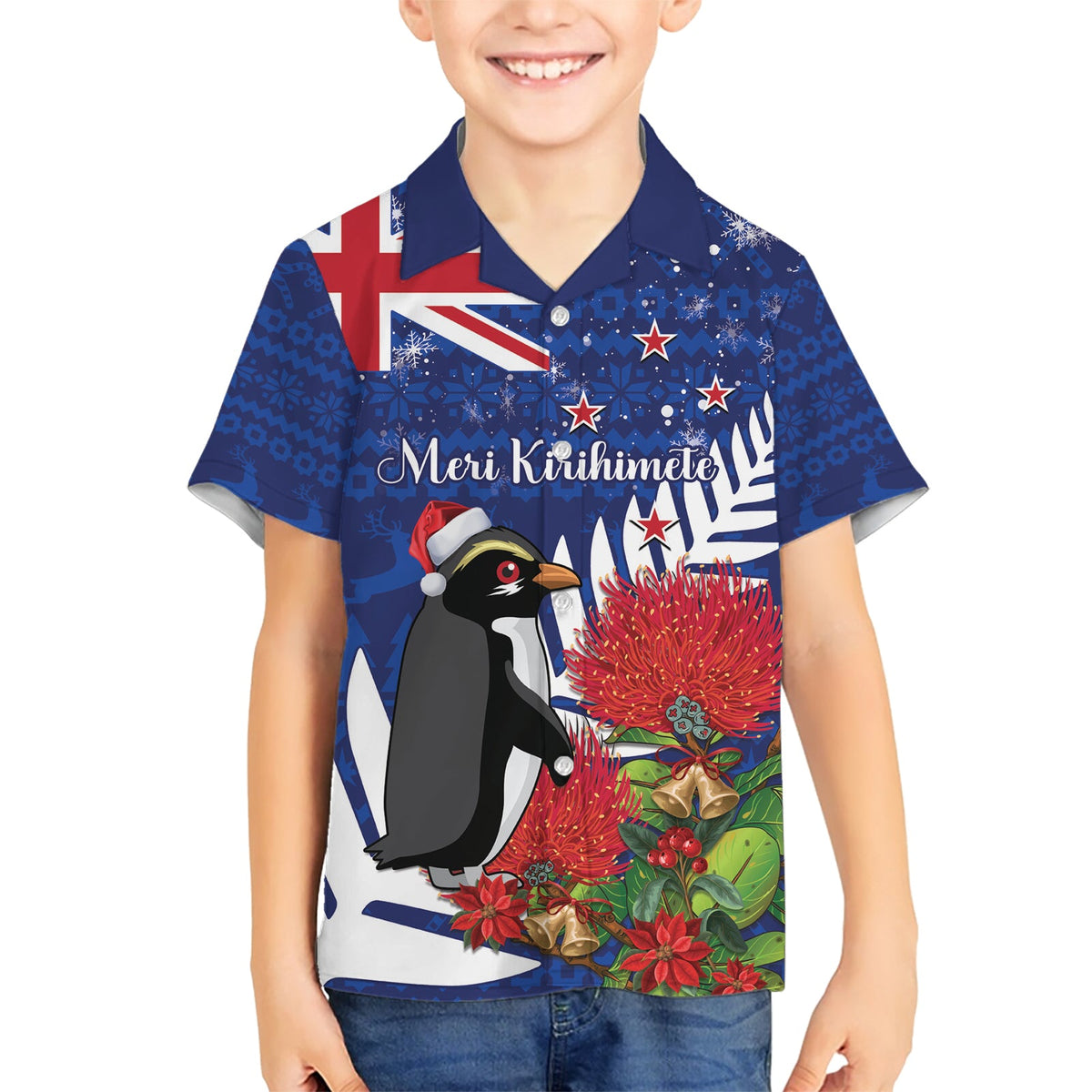 Neuseeland Weihnachten im Juli Hawaiihemd Fiordland-Pinguin mit Pohutukawa-Blume LT14