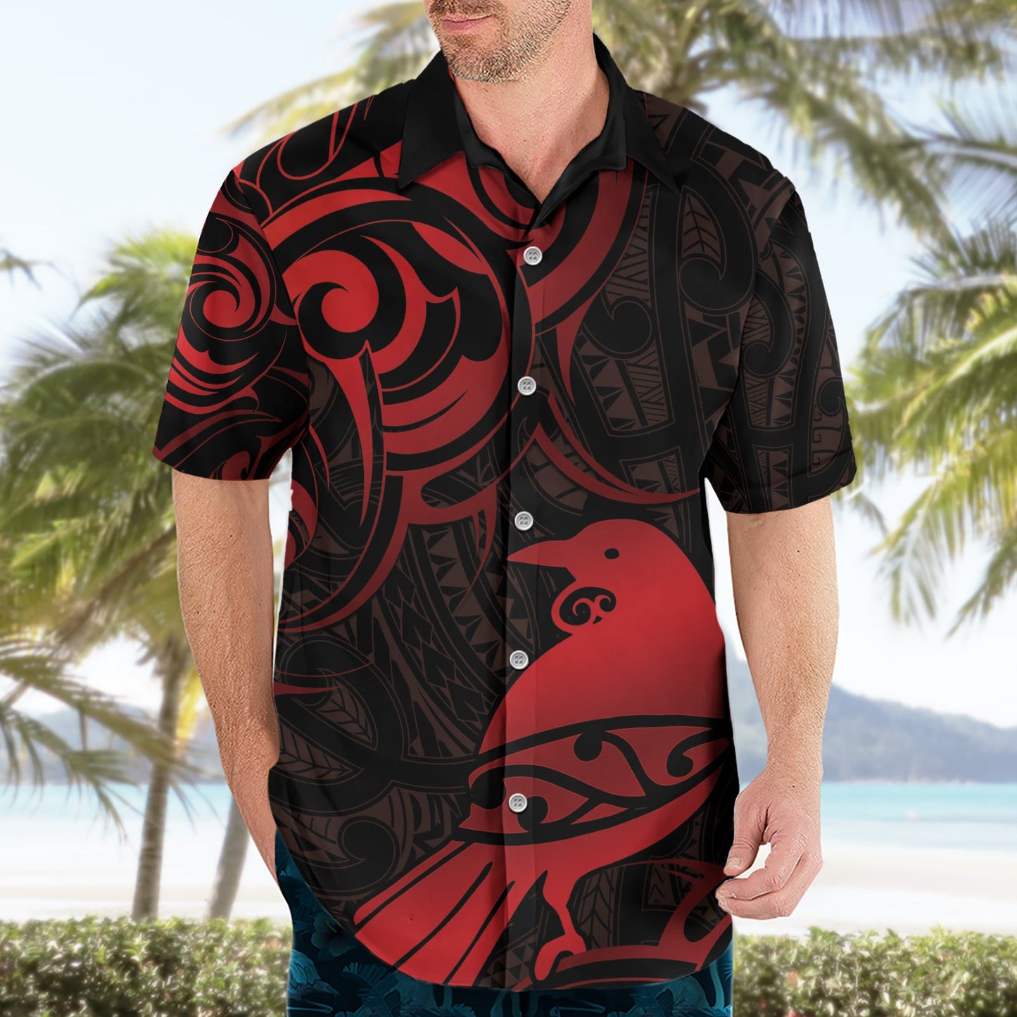Hawaiihemd mit neuseeländischem Tui-Vogel-Muster, Aotearoa, Maori-Muster – Rot LT14