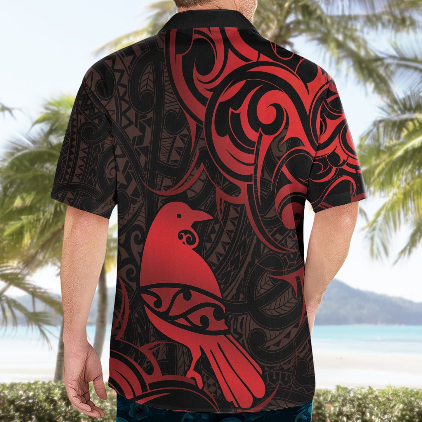 Hawaiihemd mit neuseeländischem Tui-Vogel-Muster, Aotearoa, Maori-Muster – Rot LT14