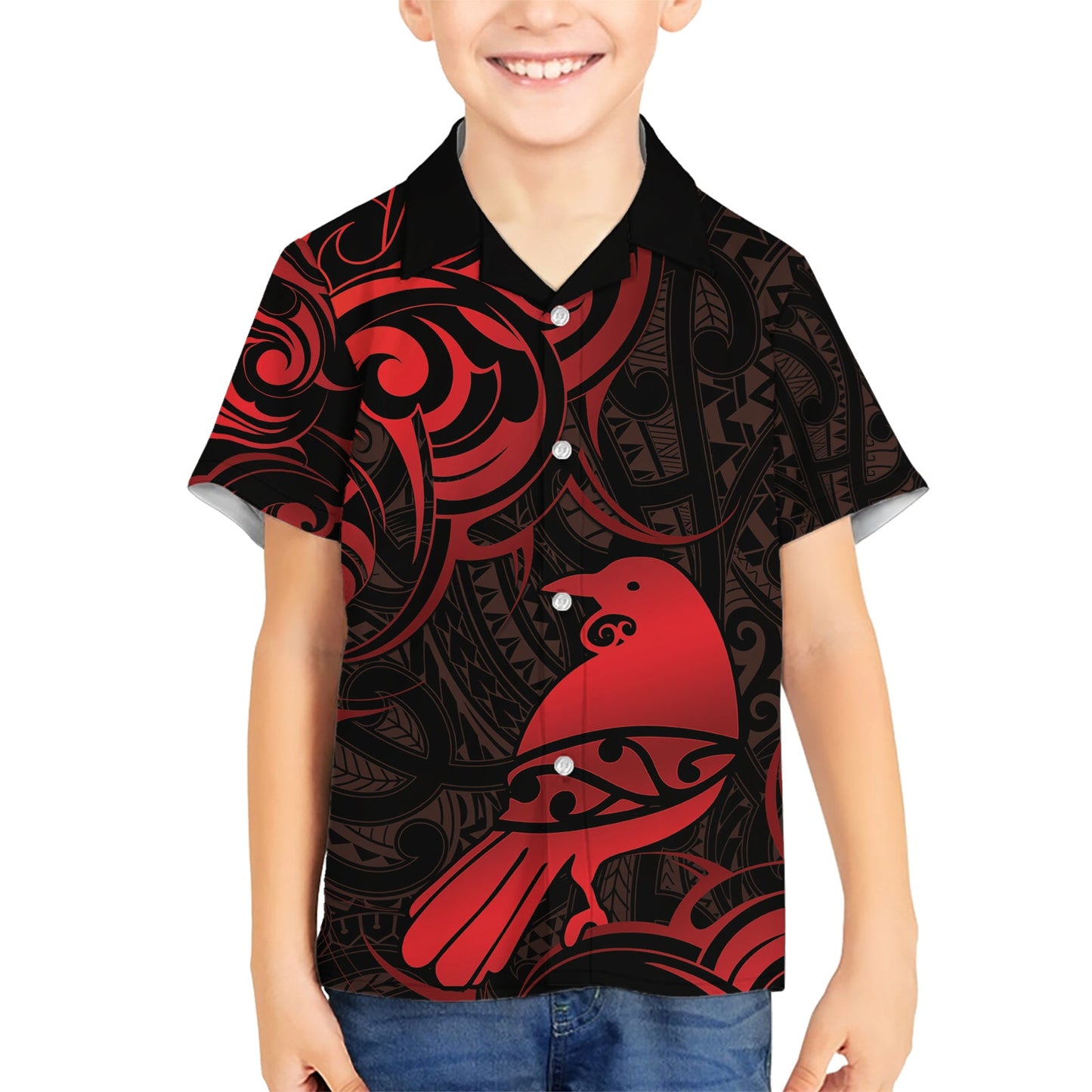 Hawaiihemd mit neuseeländischem Tui-Vogel-Muster, Aotearoa, Maori-Muster – Rot LT14