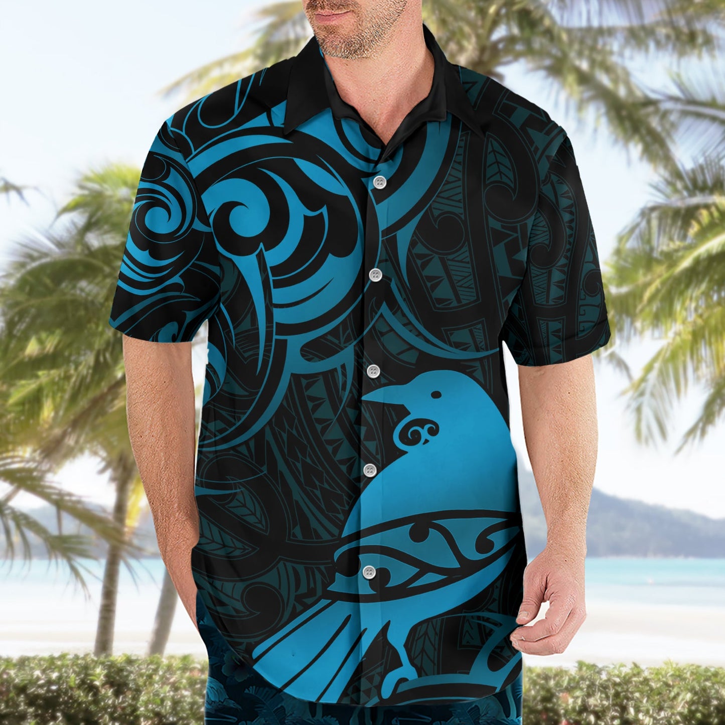 Hawaiihemd mit neuseeländischem Tui-Vogel-Muster, Aotearoa, Maori-Muster – Blau LT14
