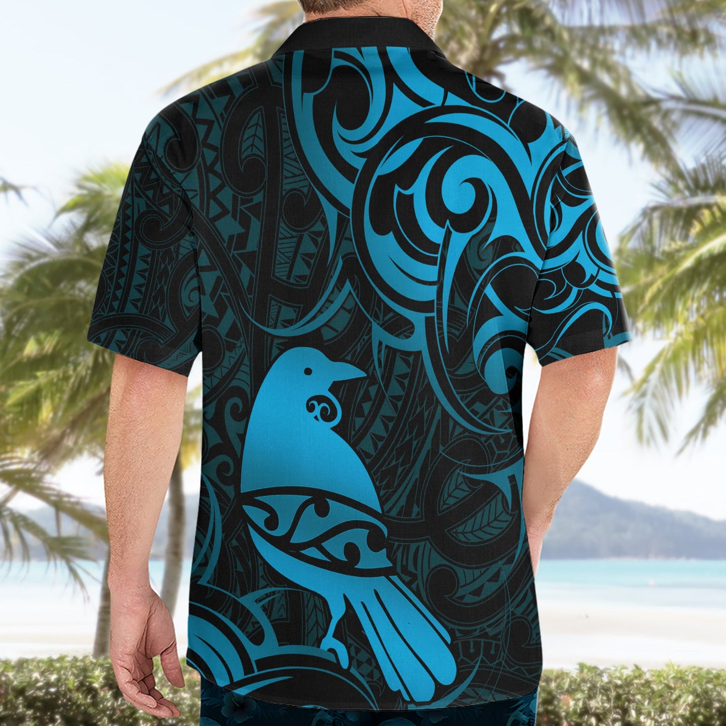 Hawaiihemd mit neuseeländischem Tui-Vogel-Muster, Aotearoa, Maori-Muster – Blau LT14