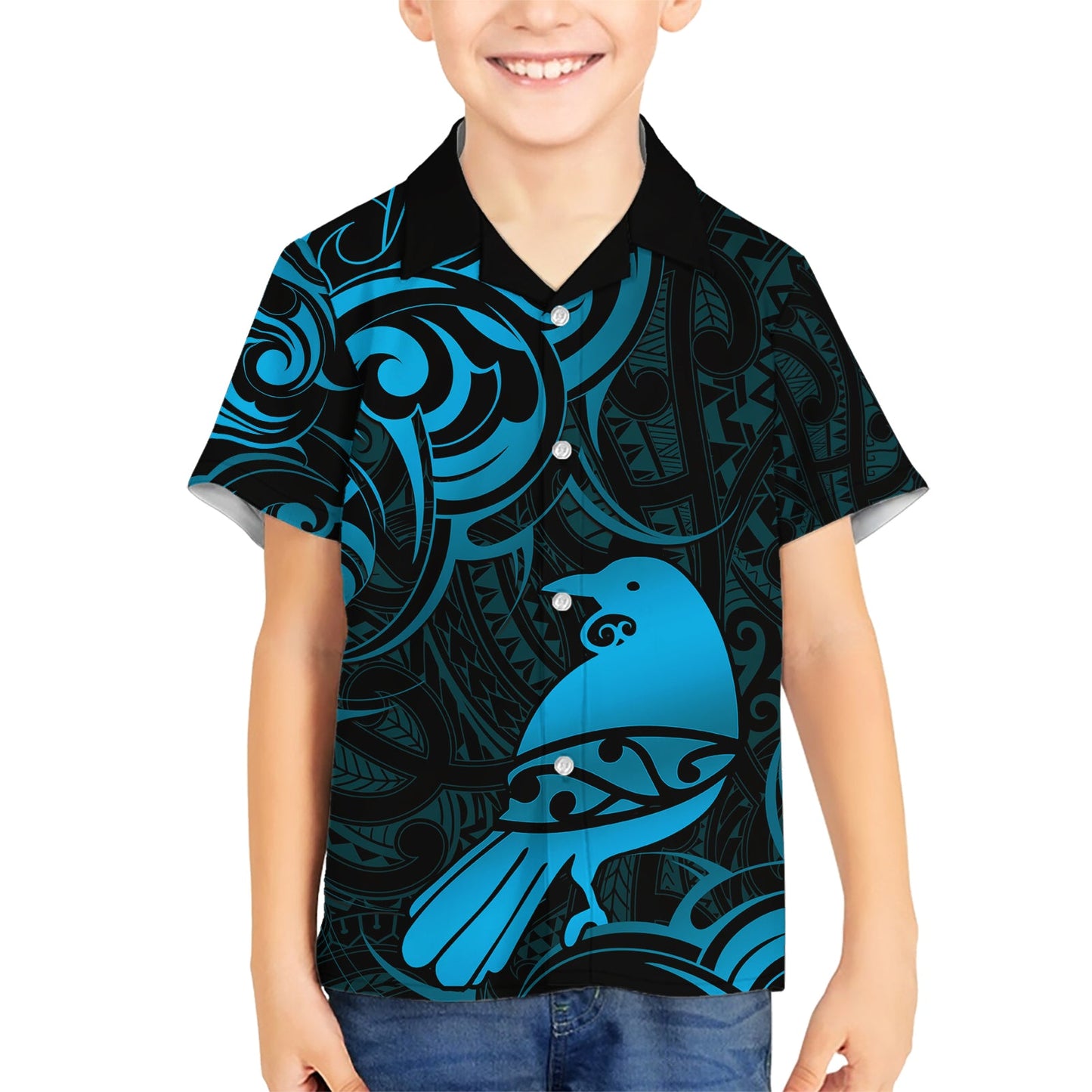 Hawaiihemd mit neuseeländischem Tui-Vogel-Muster, Aotearoa, Maori-Muster – Blau LT14