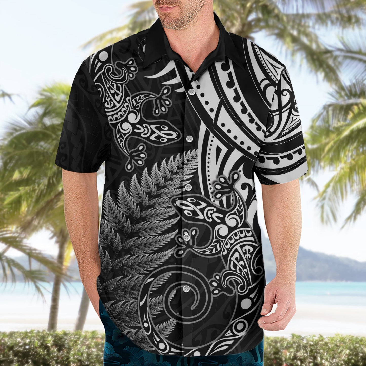 Neuseeland Eidechse Hawaiihemd Silber Farn Aotearoa Maori LT14