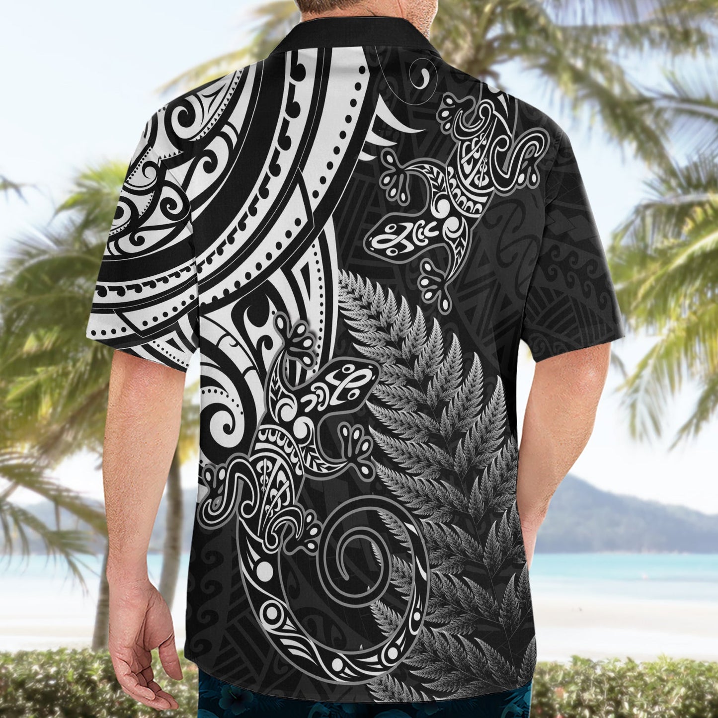 Neuseeland Eidechse Hawaiihemd Silber Farn Aotearoa Maori LT14
