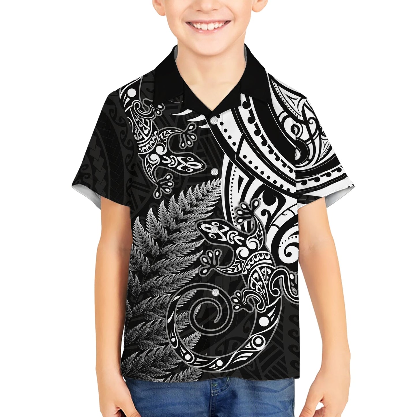 Neuseeland Eidechse Hawaiihemd Silber Farn Aotearoa Maori LT14