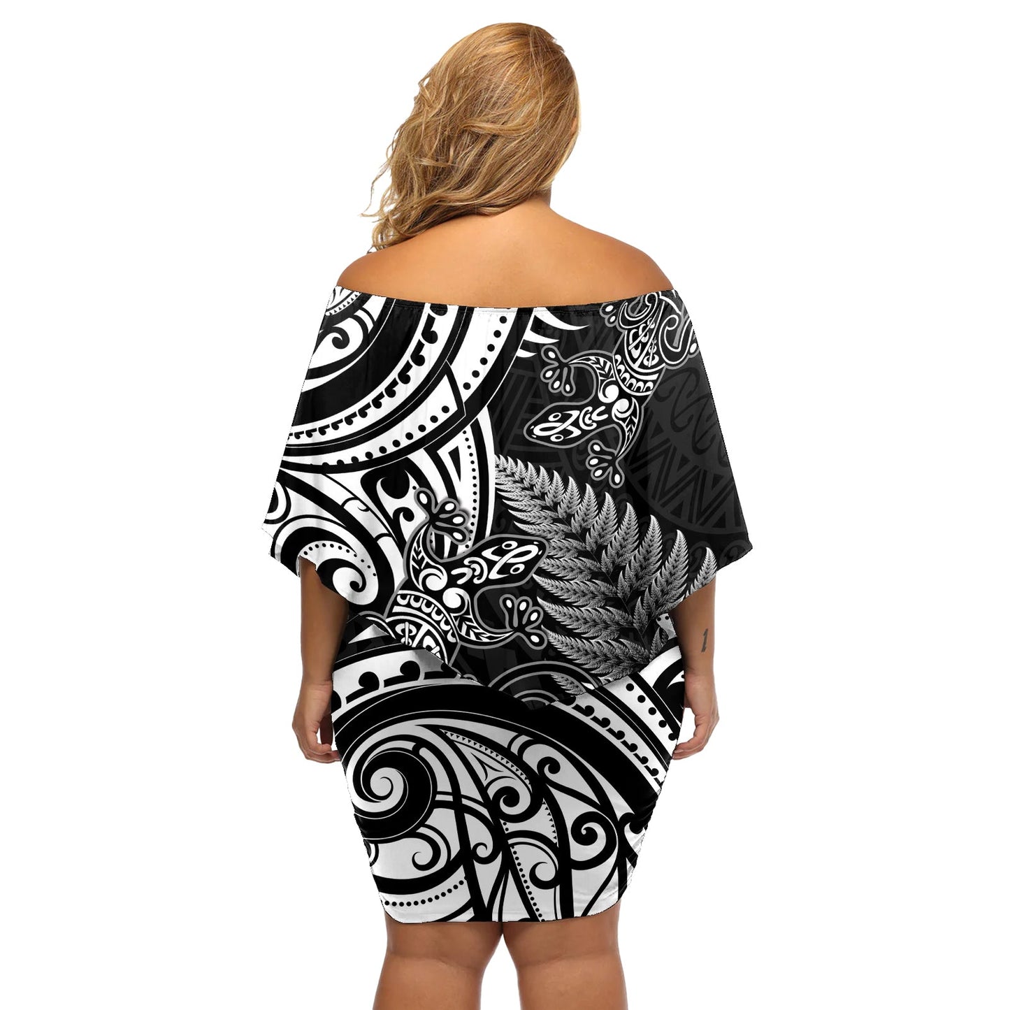 Neuseeland Eidechse Off Shoulder Kurzes Kleid blumen Silber Farn Aotearoa Maori LT14
