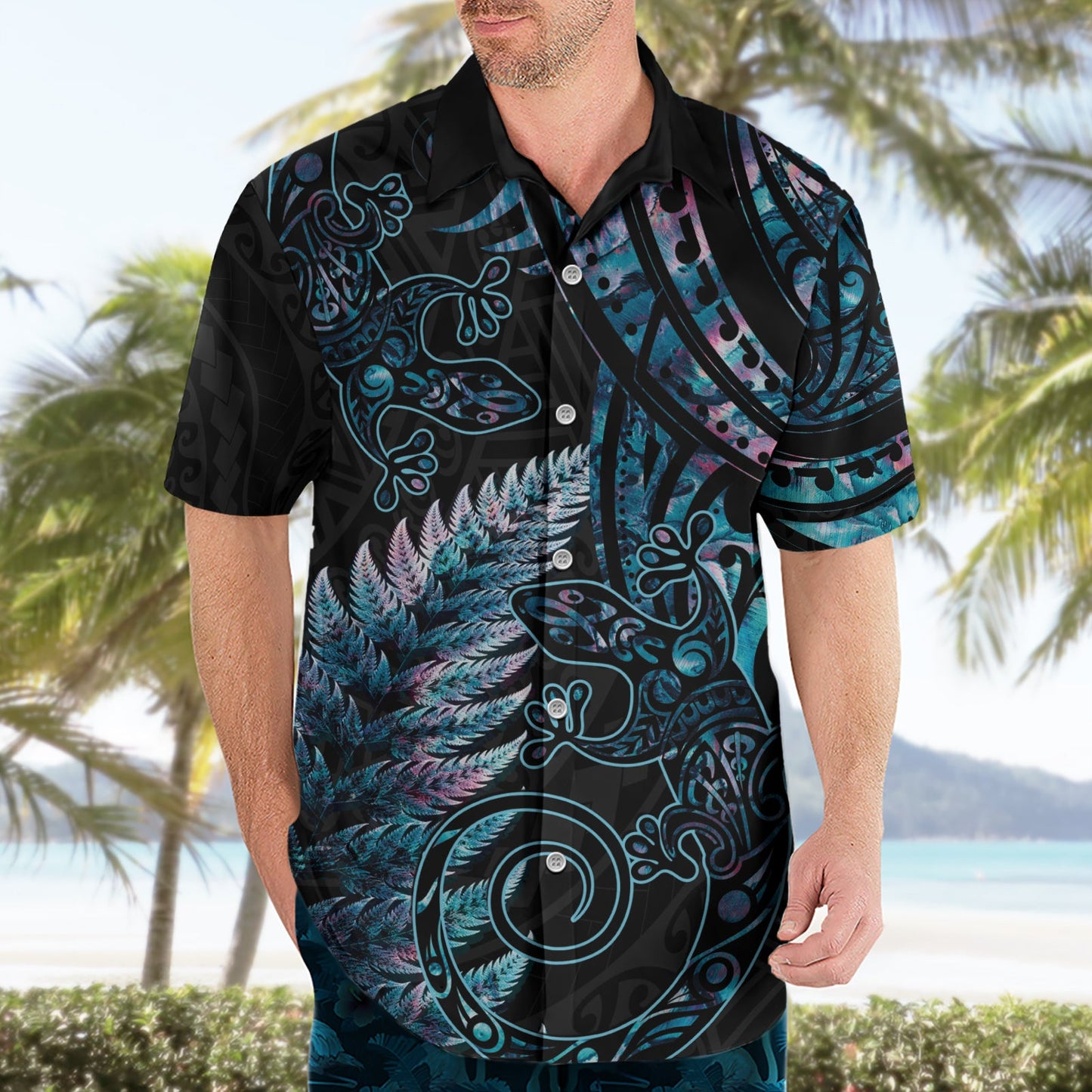 Neuseeland Eidechse Hawaiihemd Silber Farn Aotearoa Maori mit Paua Muschel LT14
