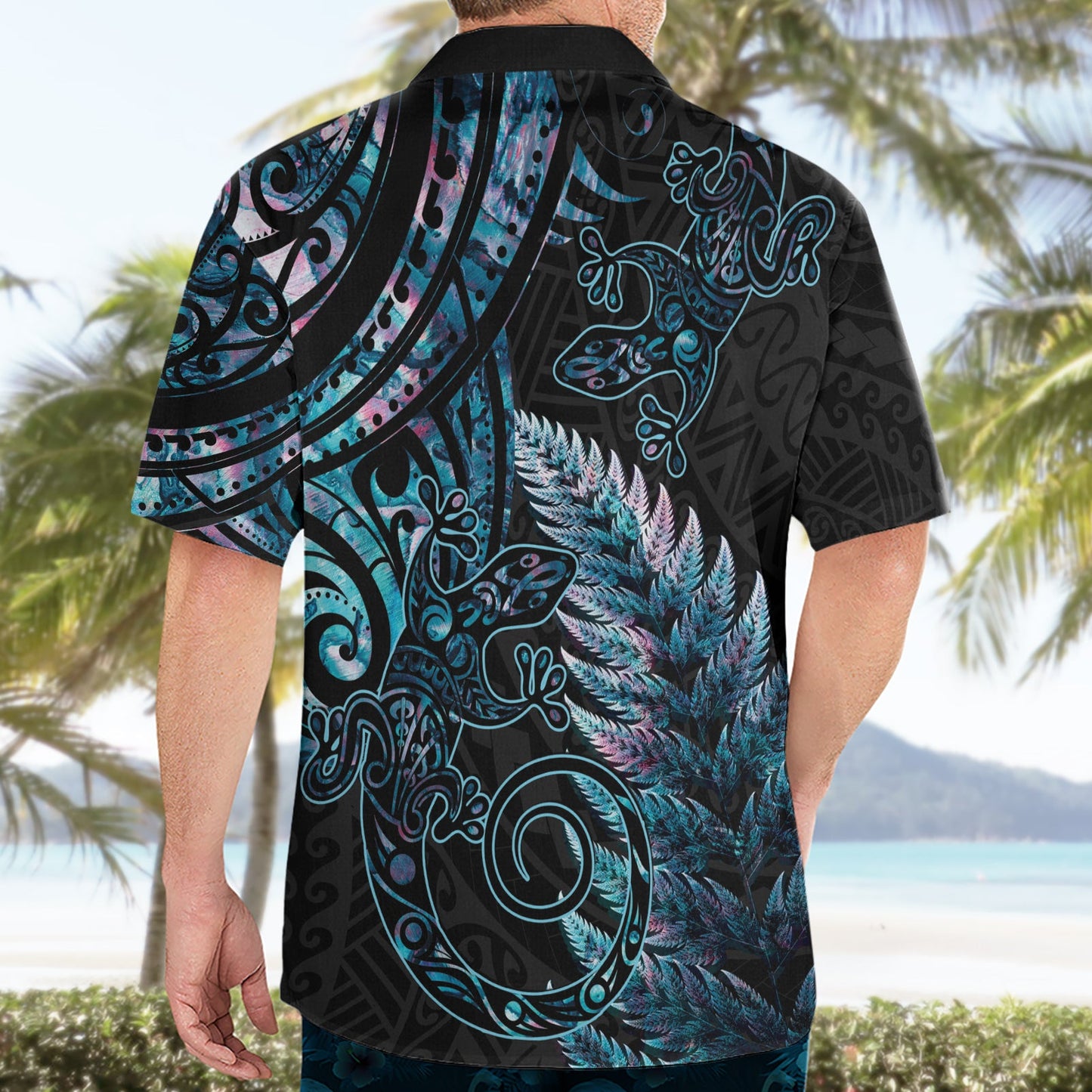 Neuseeland Eidechse Hawaiihemd Silber Farn Aotearoa Maori mit Paua Muschel LT14