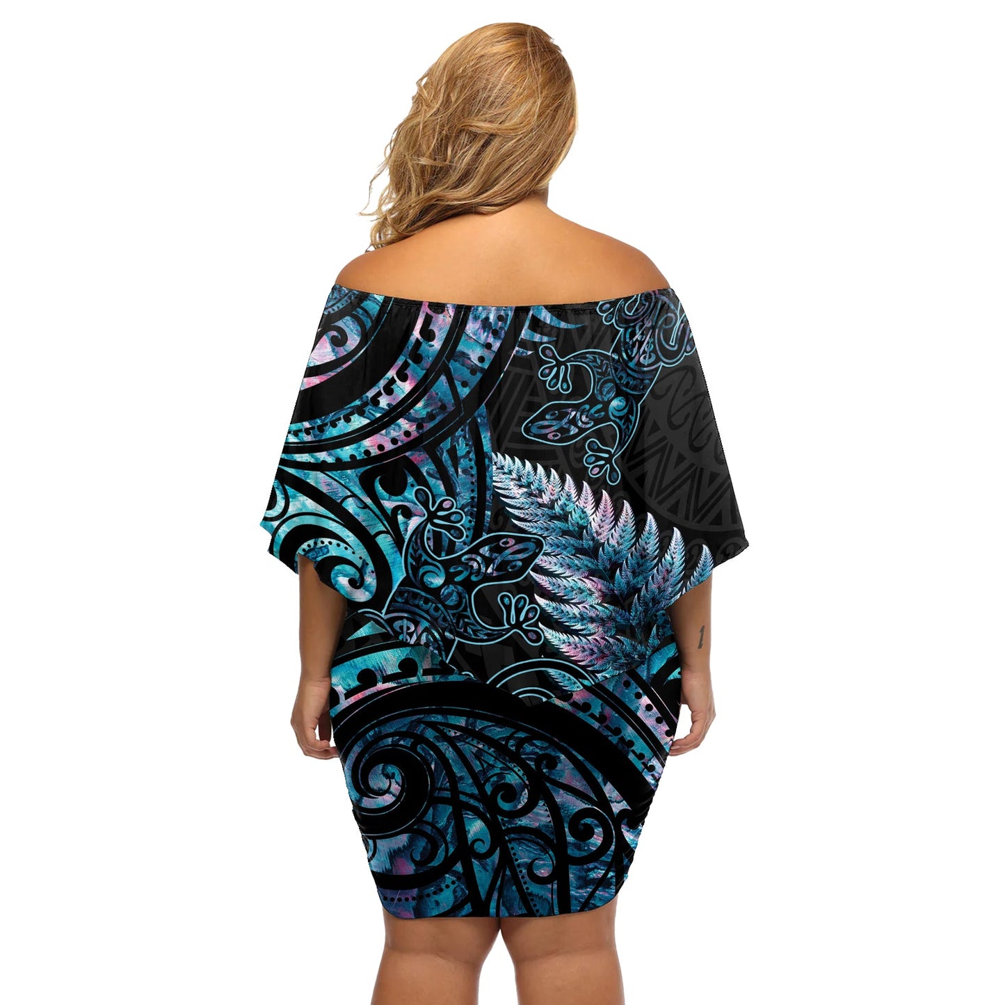 Neuseeland Eidechse Off Shoulder Kurzes Kleid blumen Silber Farn Aotearoa Maori mit Paua Muschel LT14