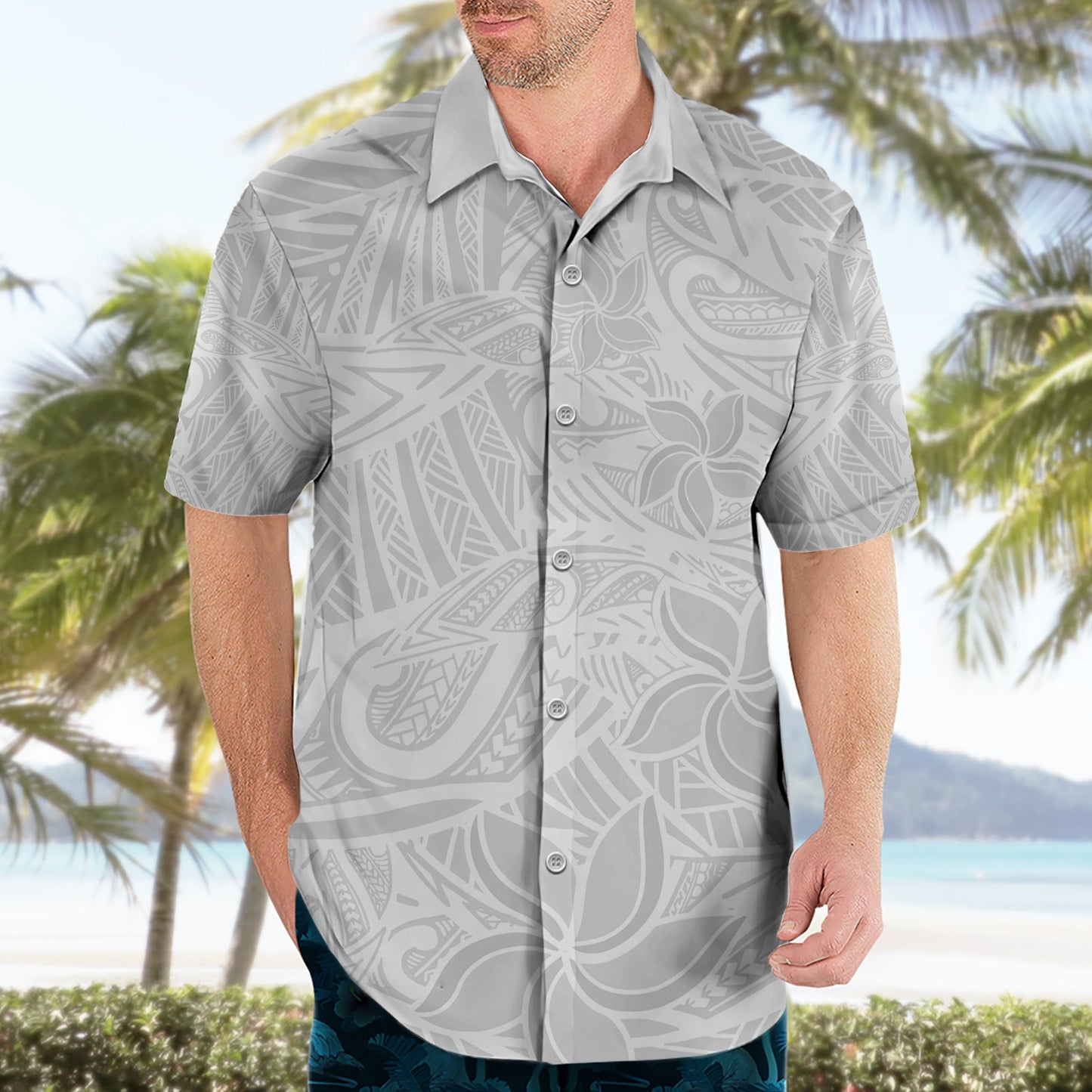Polynesia White Sunday Hawaiihemd mit polynesischem Muster und tropischen Blumen LT14